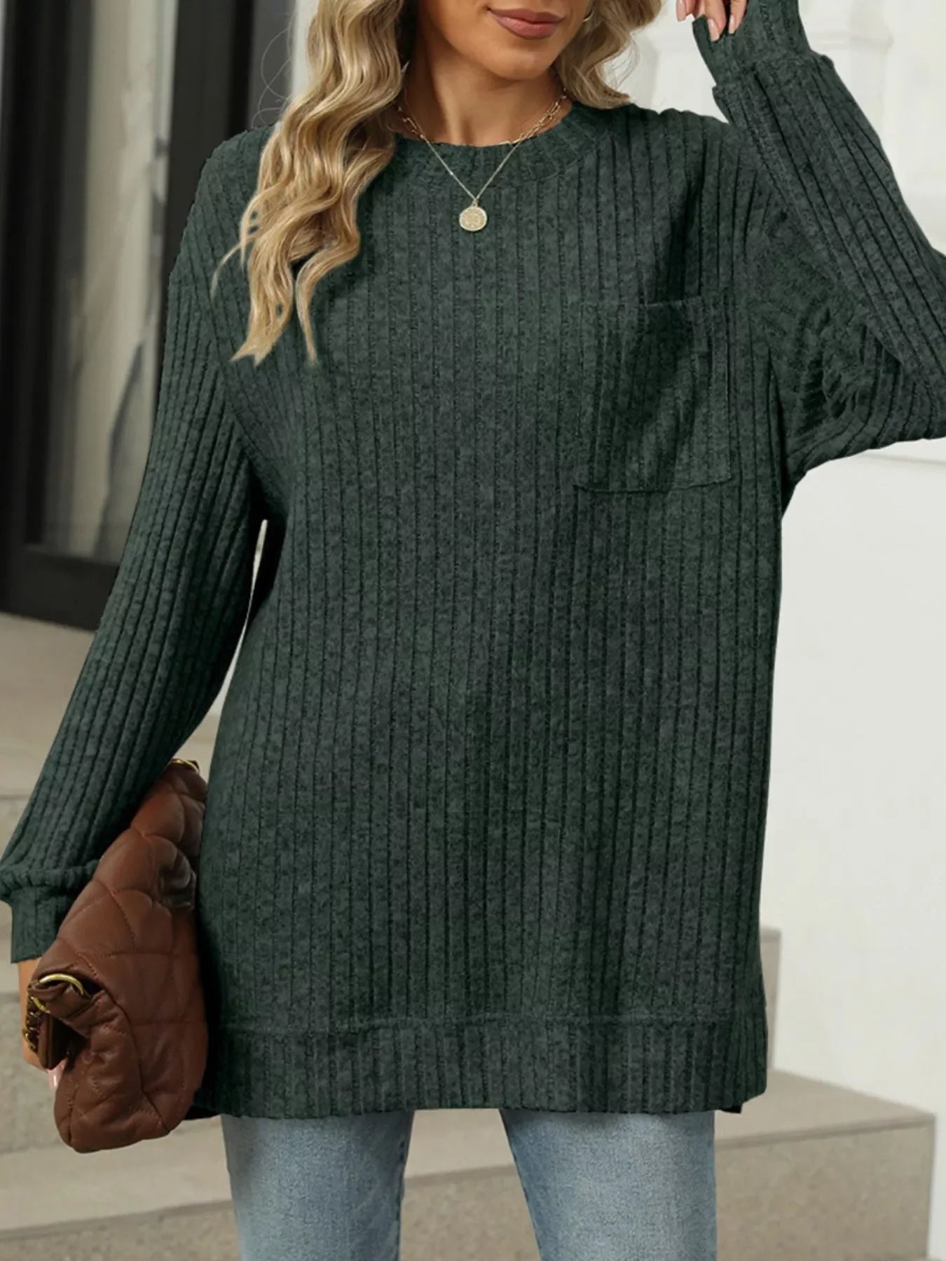 Ribbed Knit Round Neck Sweater - Southern Shores Clothing