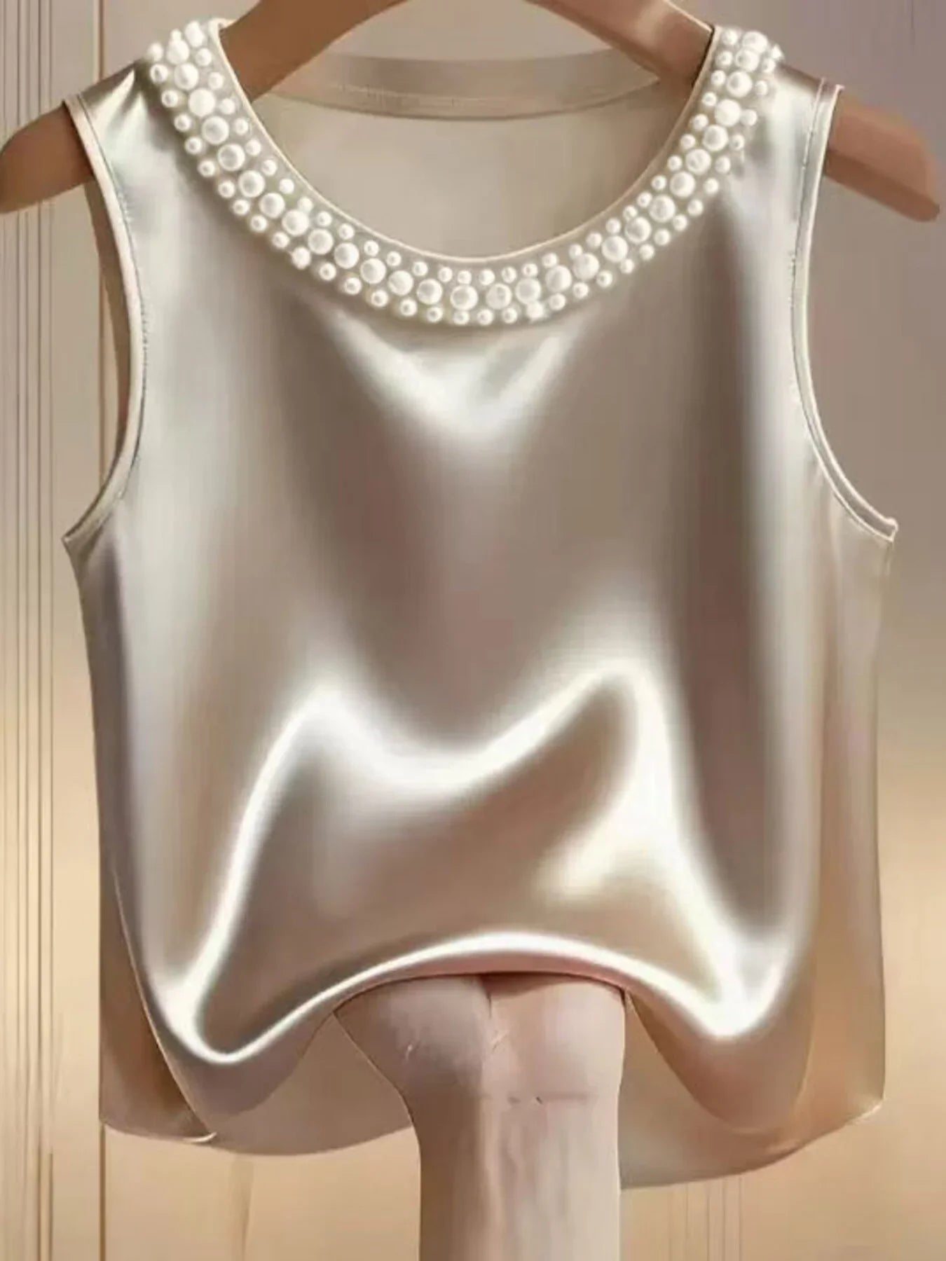 Elegant Satin Tank Top With Pearl Embellished Collar Detailing - Southern Shores Clothing