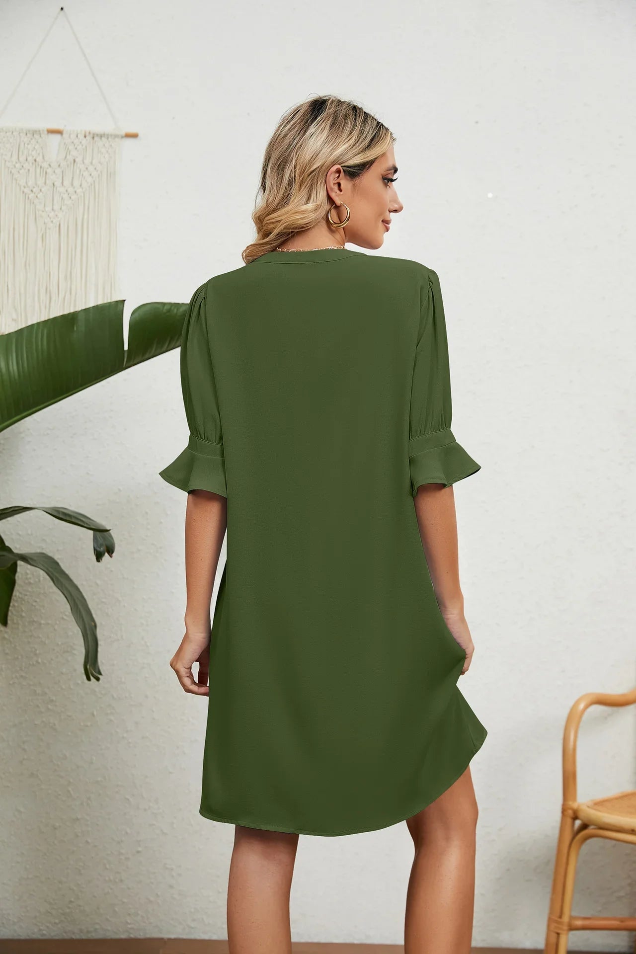 Knee Length Notched Neck Flounce Sleeve Dress - Southern Shores Clothing