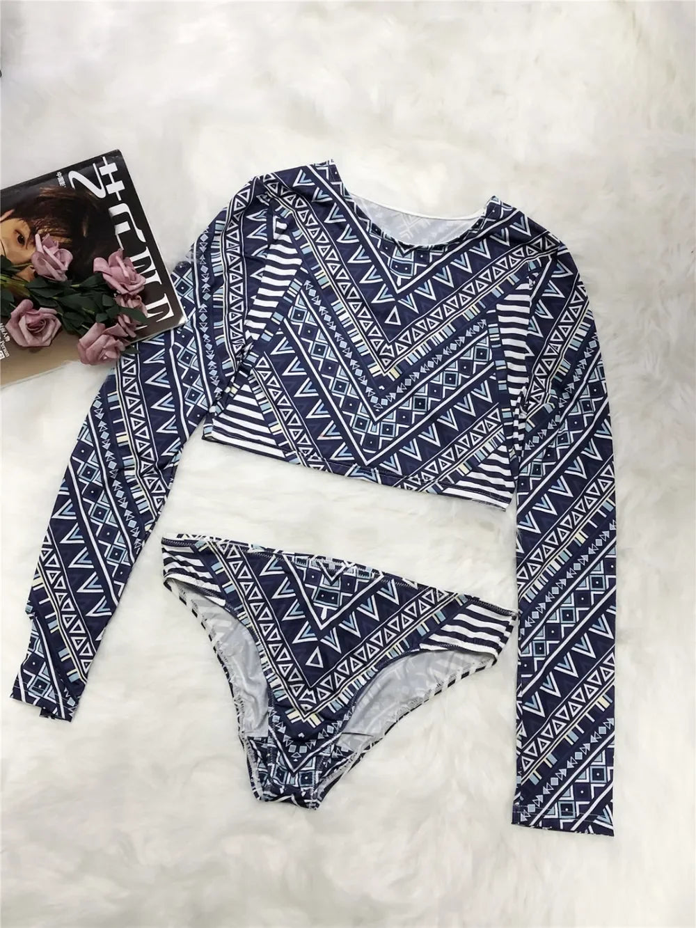 Geometric Print Long Sleeve Swim Top And Two-Piece Brief Set - Southern Shores Clothing