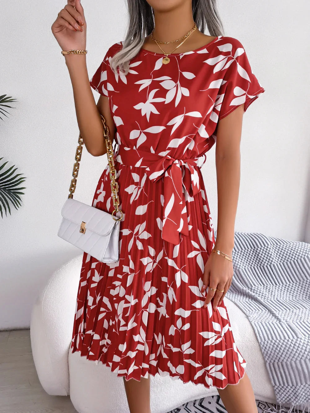 Printed Round Neck Short Sleeve Pleated Dress - Southern Shores Clothing