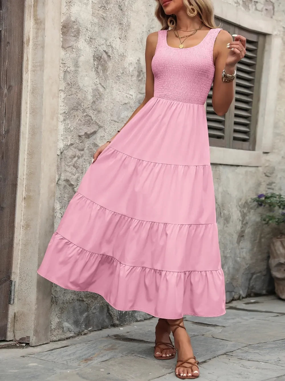 Smocked Scoop Neck Sleeveless Tank Dress - Southern Shores Clothing