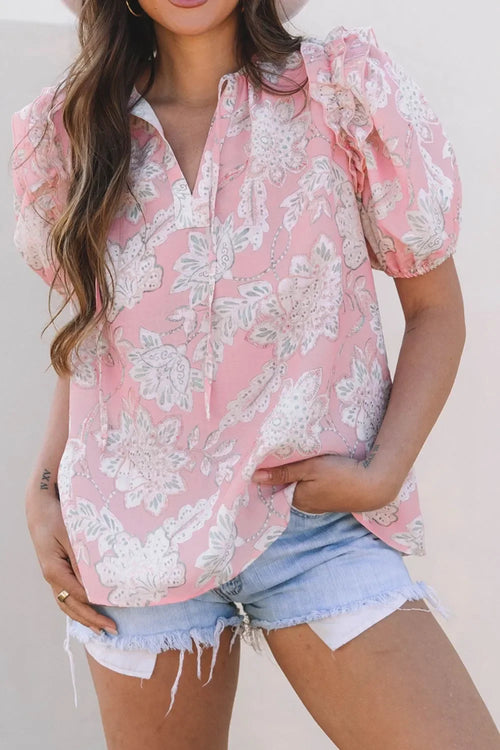 Floral Tie Neck Puff Sleeve Blouse - Southern Shores Clothing