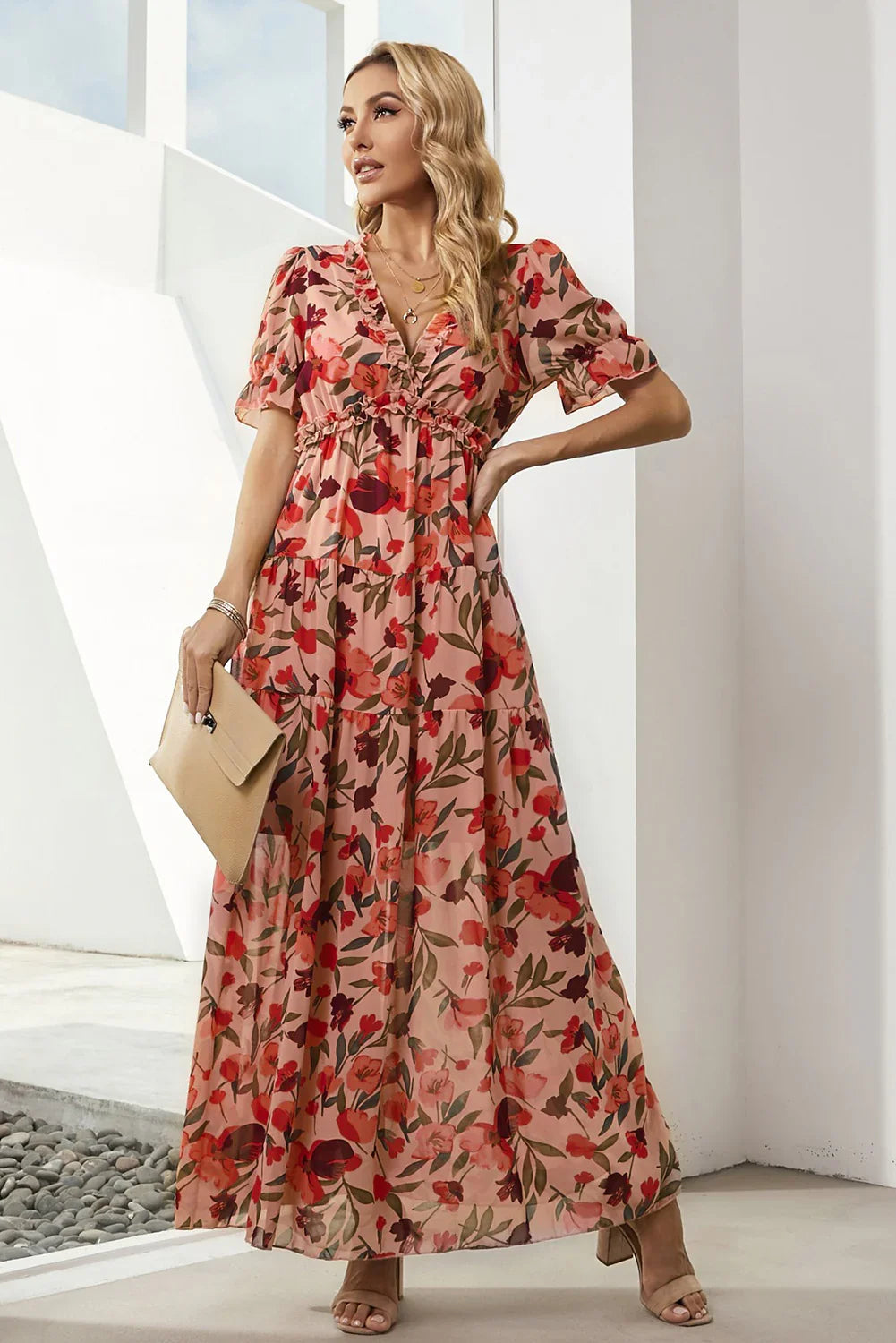 Floral V Neck Short Flounce Sleeve Maxi Dress - Southern Shores Clothing