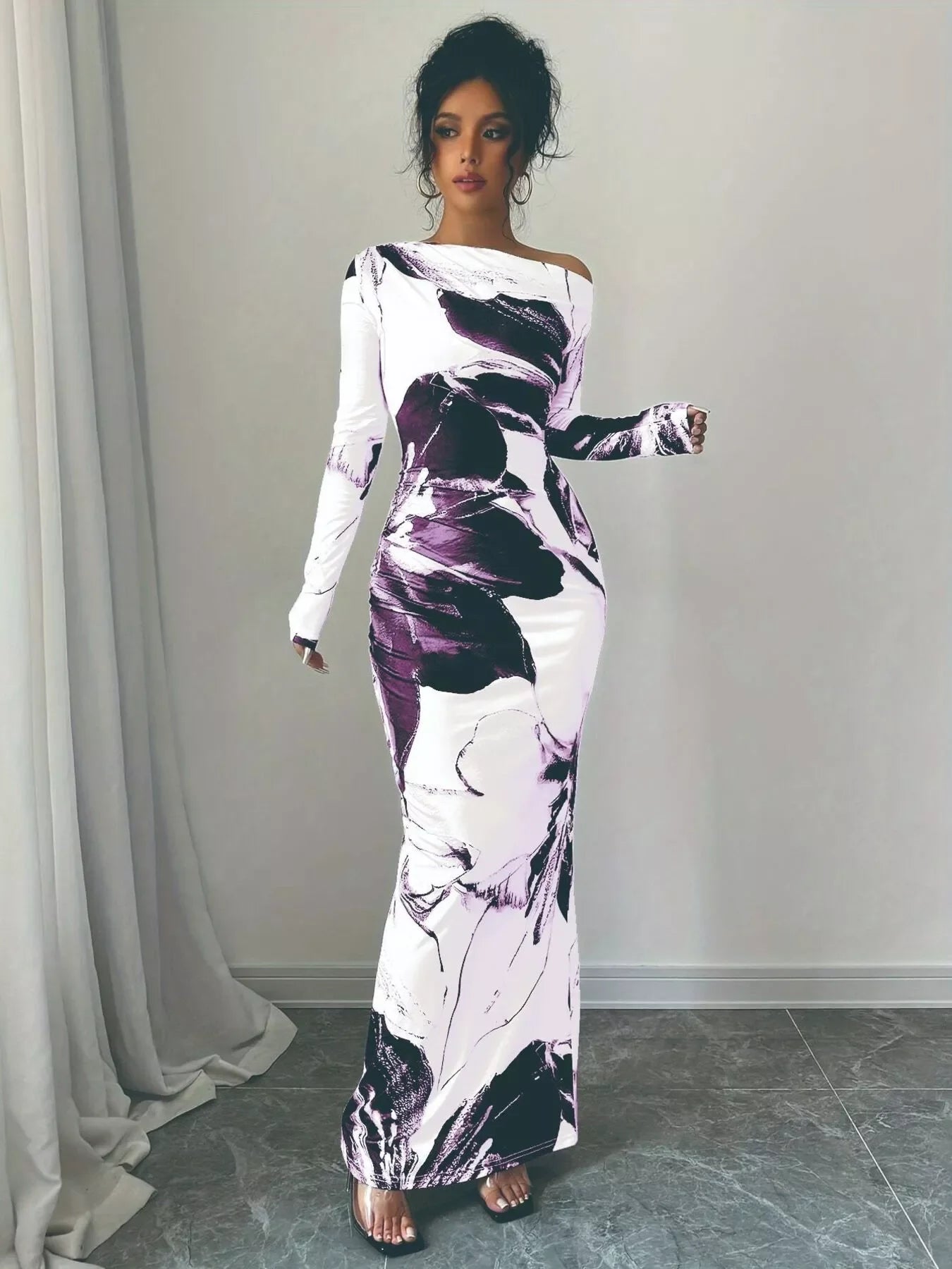 Floral One Shoulder Long Sleeve Maxi Dress - Southern Shores Clothing