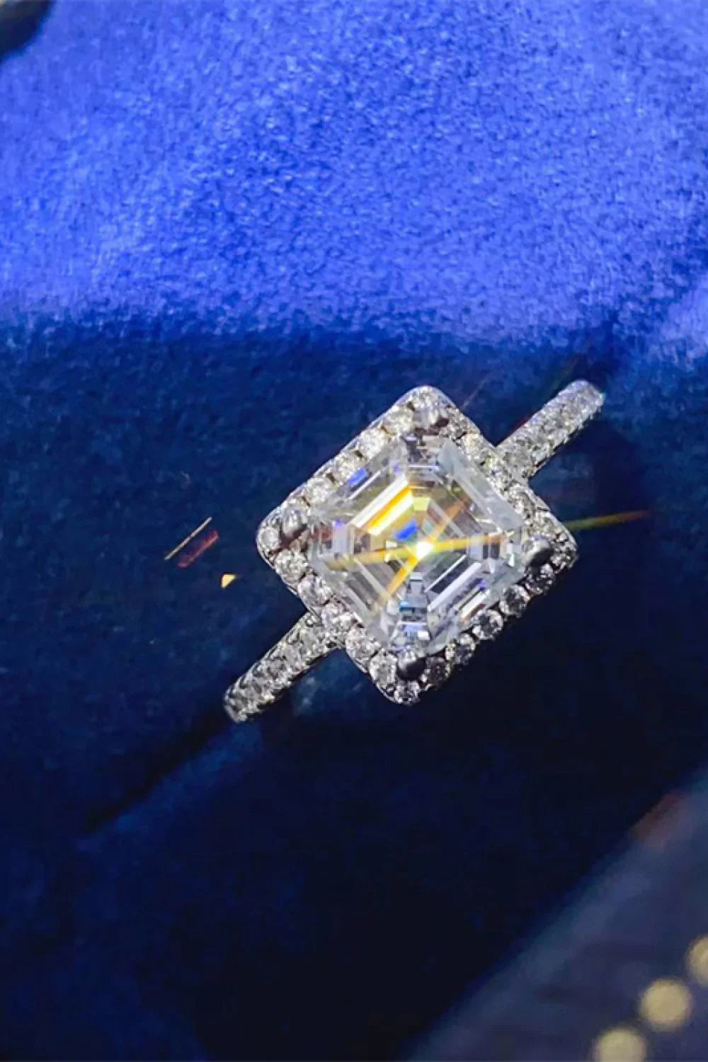 Emerald-Cut Moissanite Ring With Halo In Sterling Silver - Southern Shores Clothing