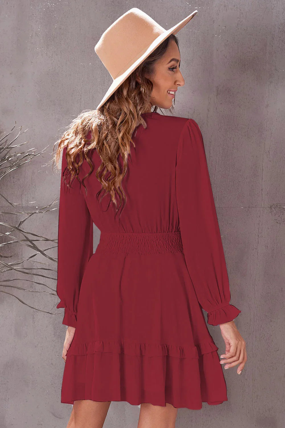 Tied Plunge Smocked Waist Flounce Sleeve Dress - Southern Shores Clothing