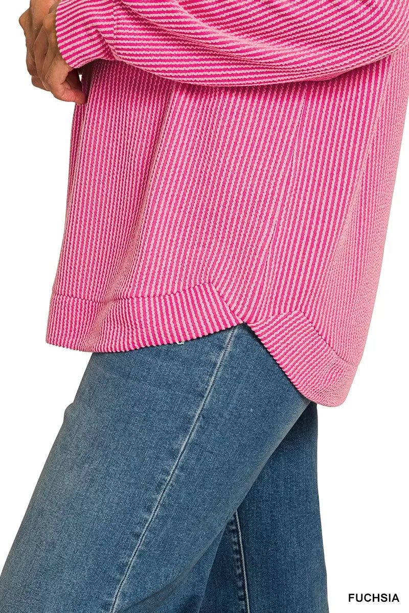 Raised Rib Round Neck Long Sleeve Top Plus Size - Southern Shores Clothing
