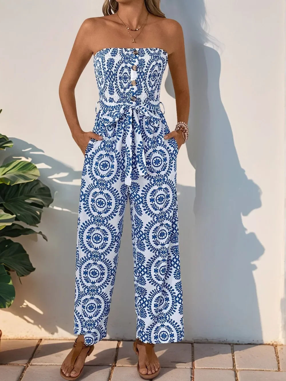 Smocked Tube Jumpsuit With Pockets Wide Leg - Southern Shores Clothing
