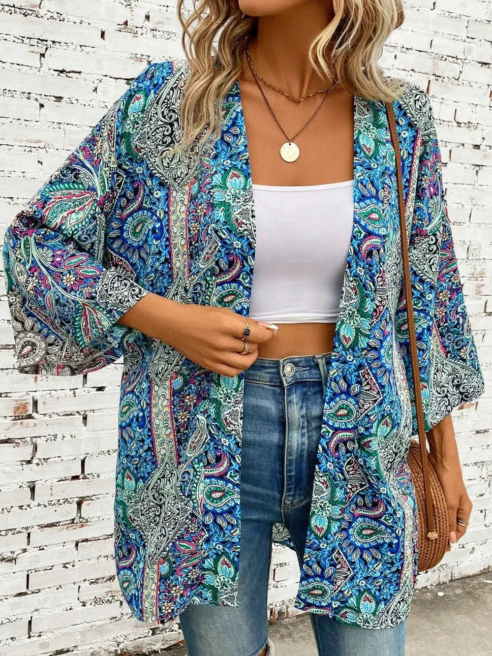 Printed Open Front Three-Quarter Sleeve Cover Up One Size - Southern Shores Clothing