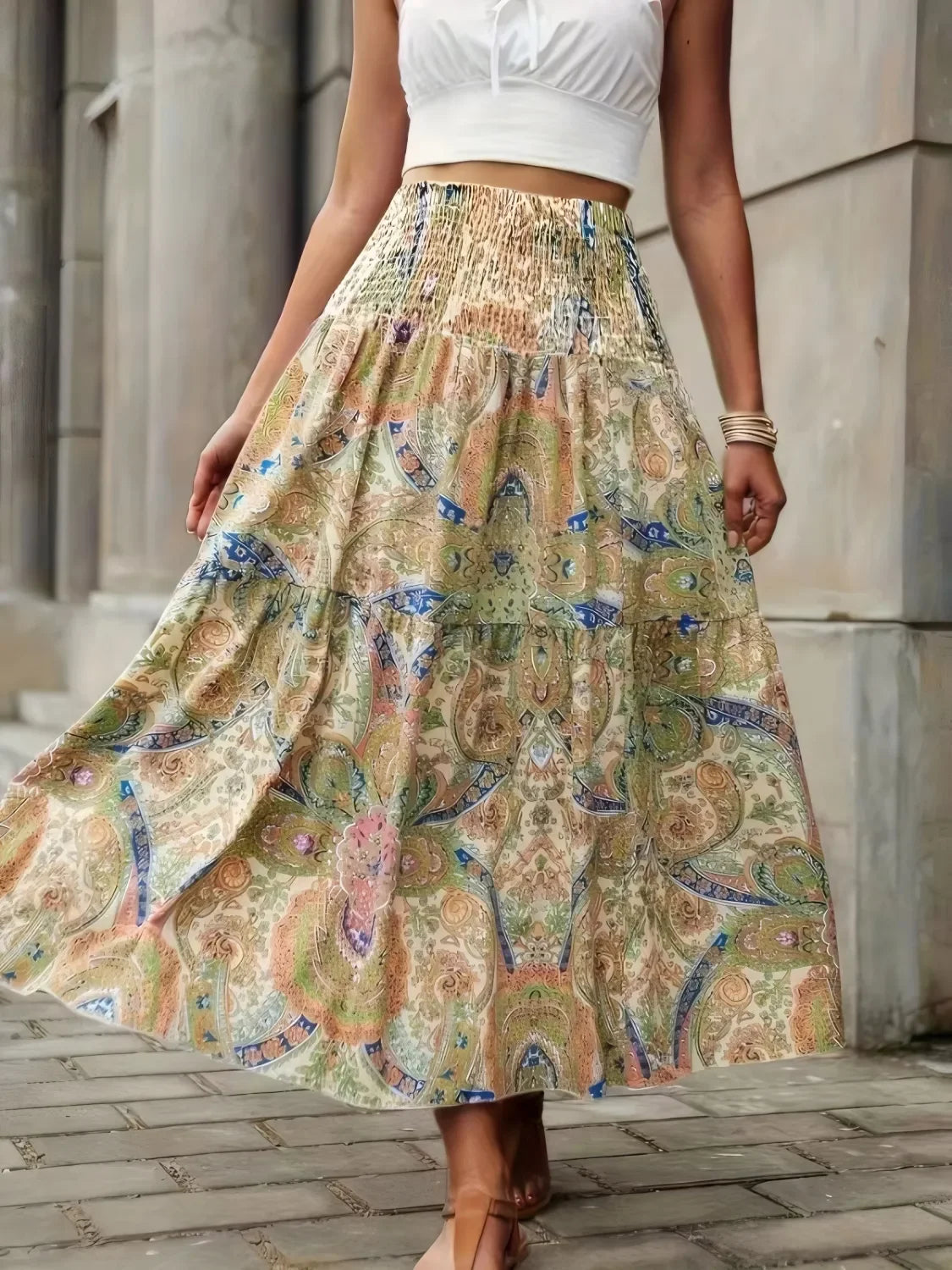 Flowing Smocked Printed High Waist Skirt - Southern Shores Clothing