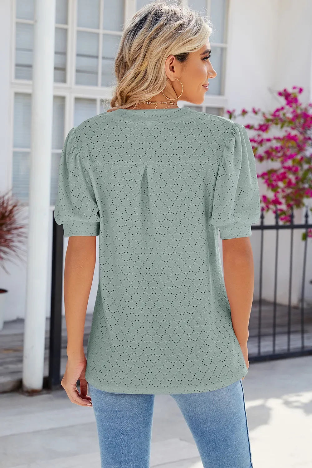 Eyelet Notched Puff Sleeve T-Shirt - Southern Shores Clothing