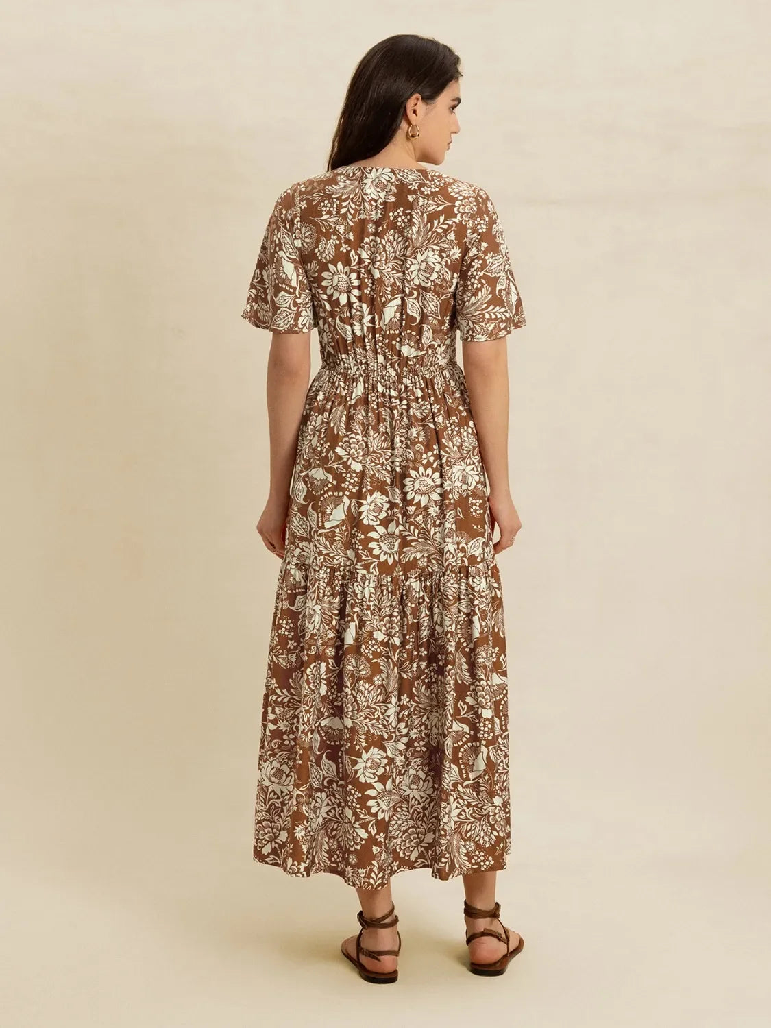 Lace Detail Floral Print Short Sleeve Midi Dress V Neck - Southern Shores Clothing