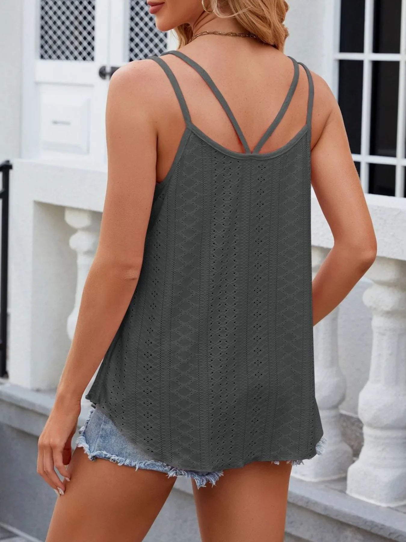 Eyelet Double Strap Cami Top With Intricate Pattern Details - Southern Shores Clothing