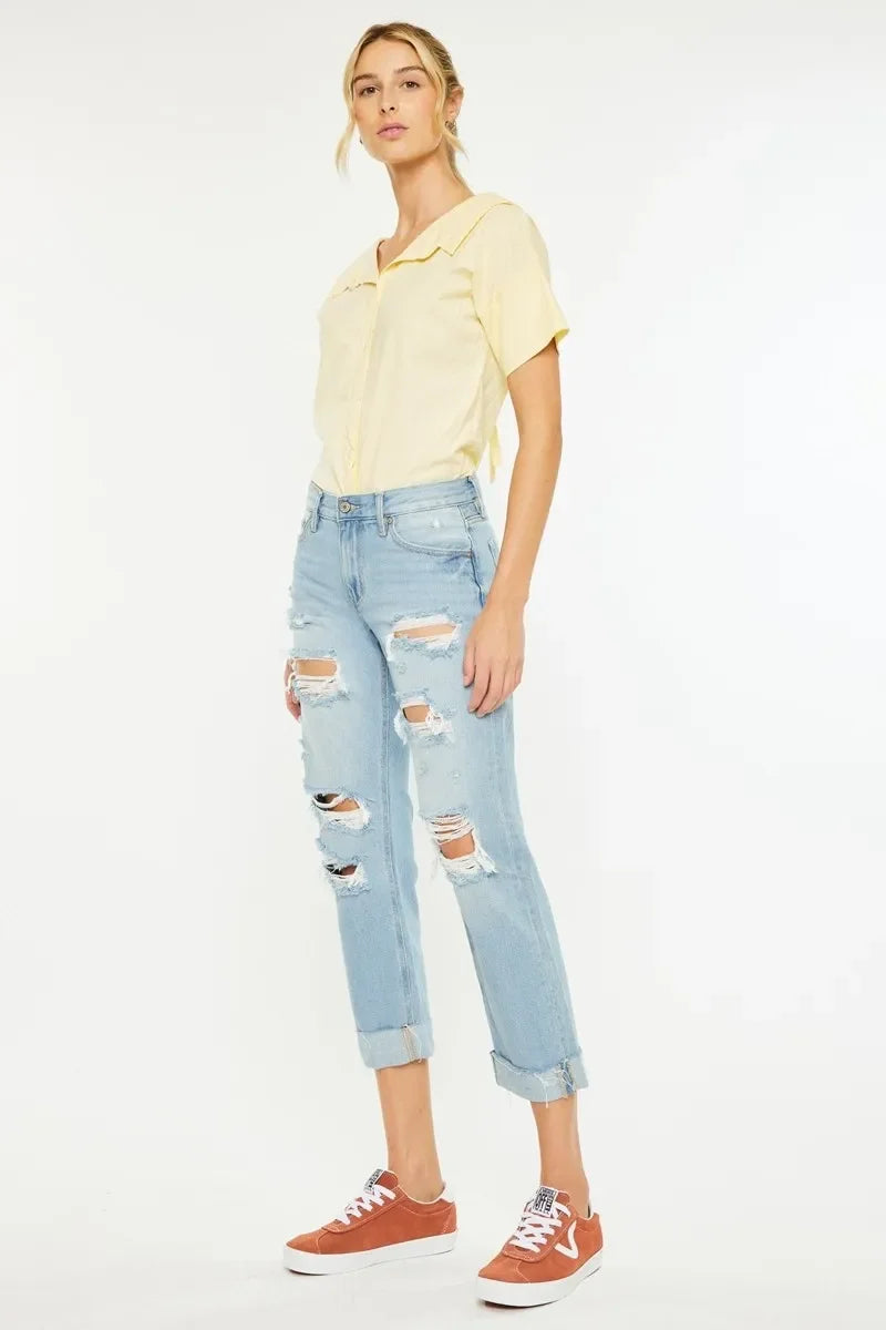 Coastal Distressed Mid Rise Relaxed Boyfriend Jeans