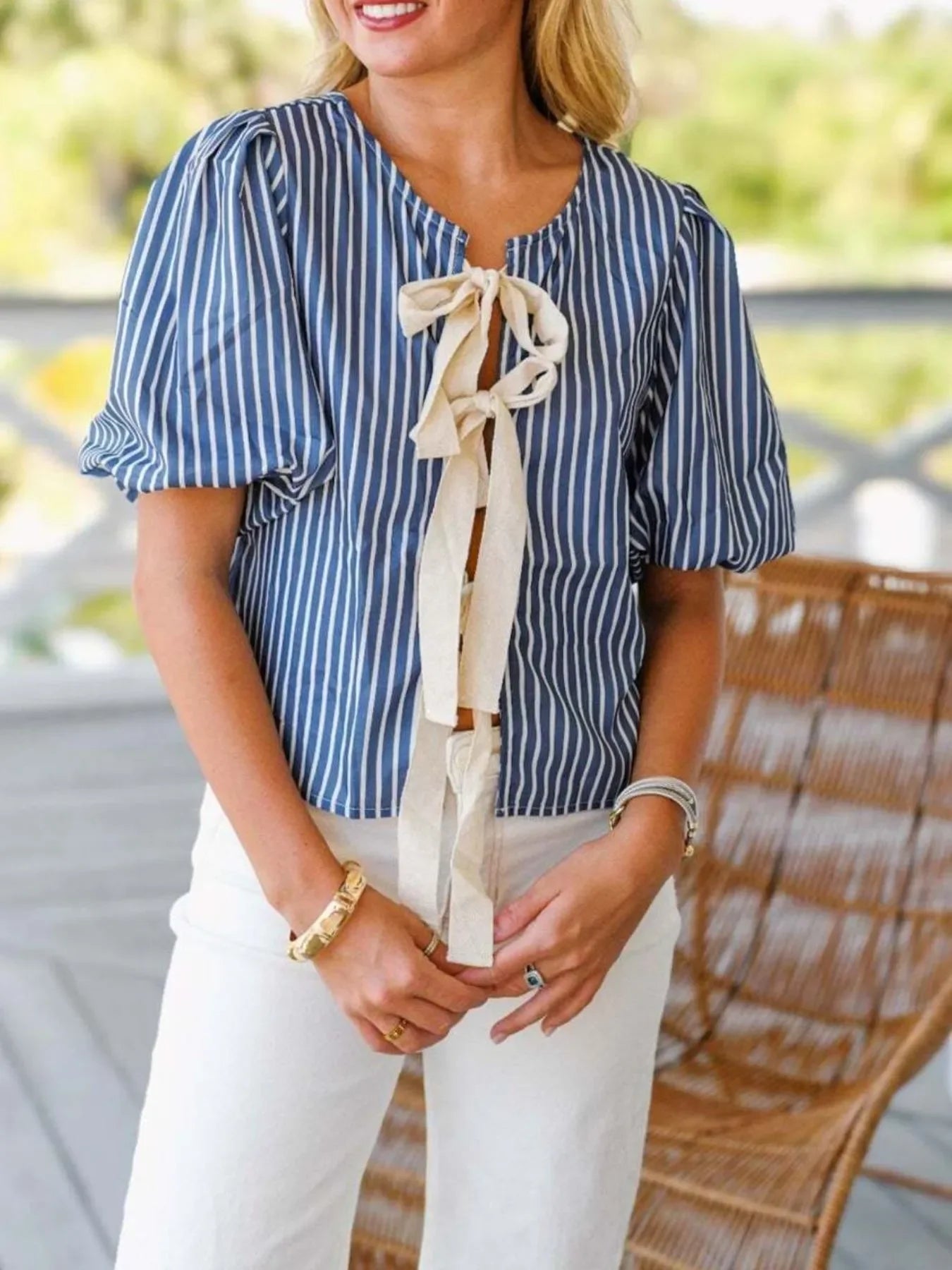 Stretchy Tie Front Puff Sleeve Striped Blouse - Southern Shores Clothing