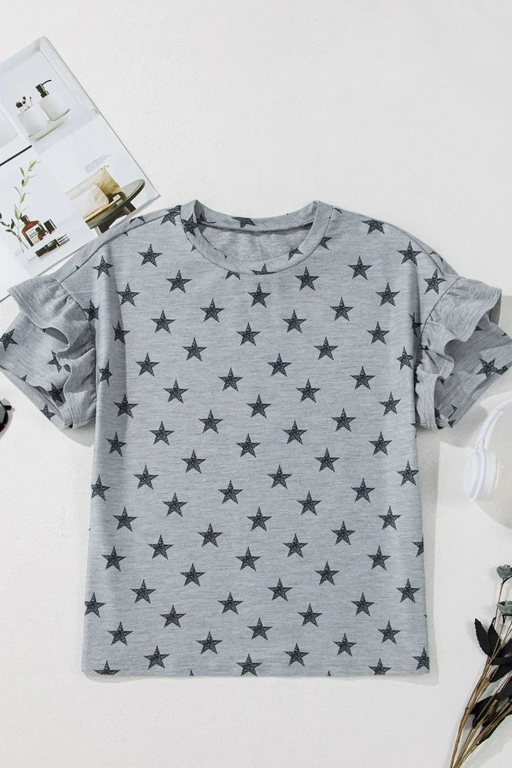 Star Print Tiered Ruffled Sleeve Crew Neck T Shirt - Southern Shores Clothing