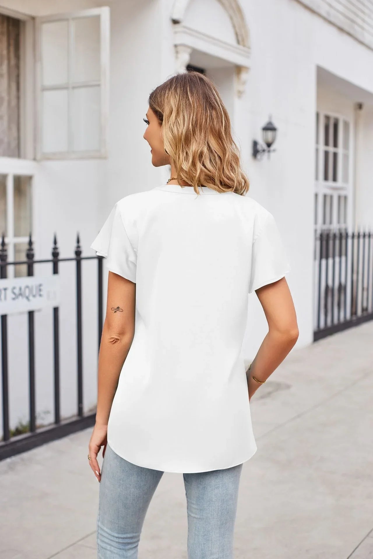 V Neck Flutter Sleeve Satin Top Solid Casual - Southern Shores Clothing