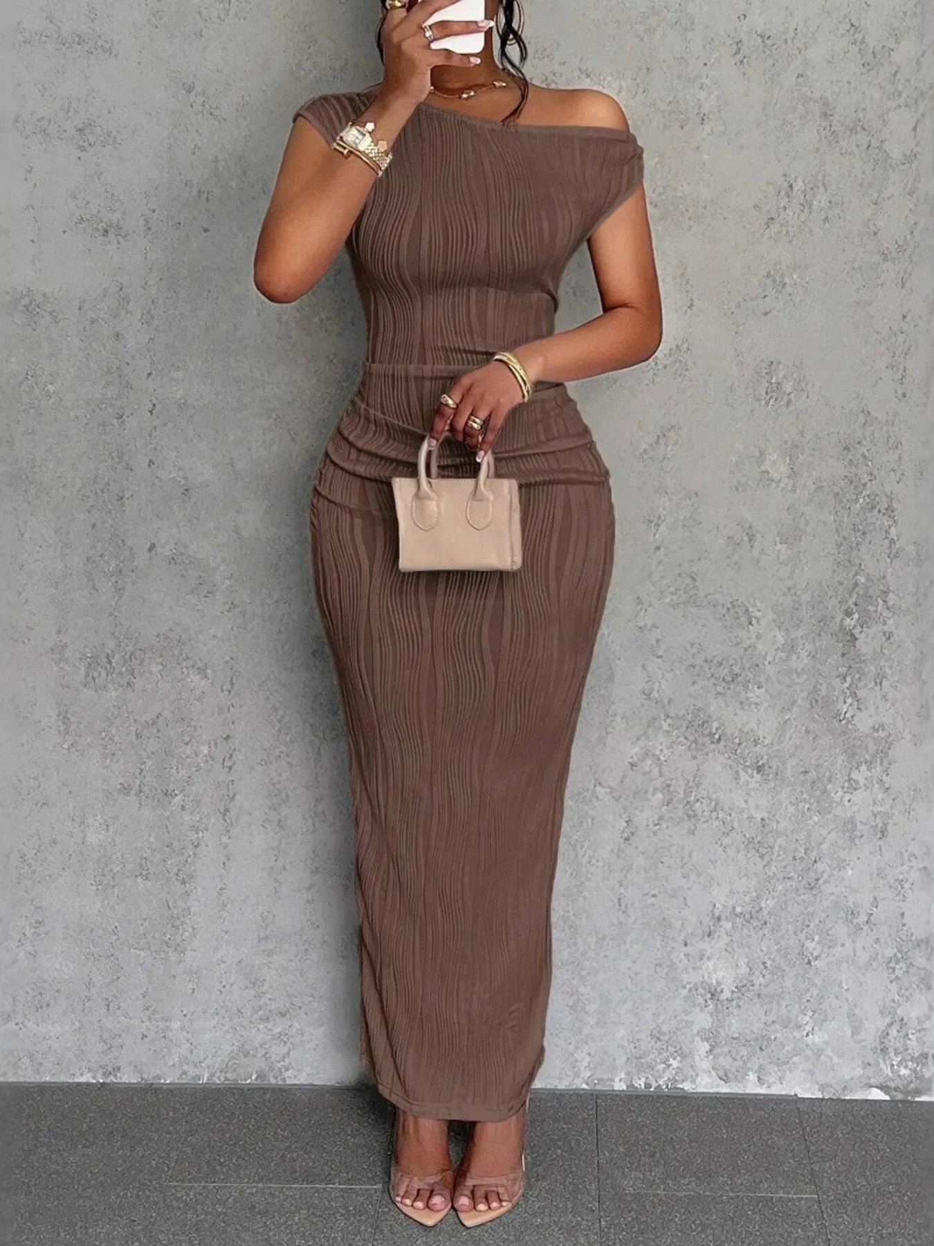 Textured Single Shoulder Bodycon Maxi Dress - Southern Shores Clothing