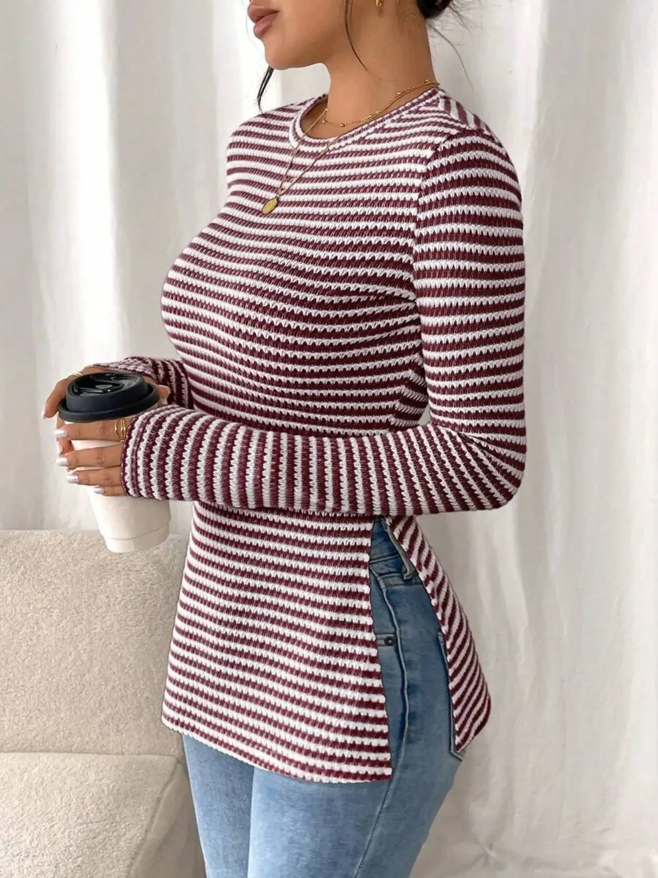 Side Slit Striped Long Sleeve T-Shirt - Southern Shores Clothing