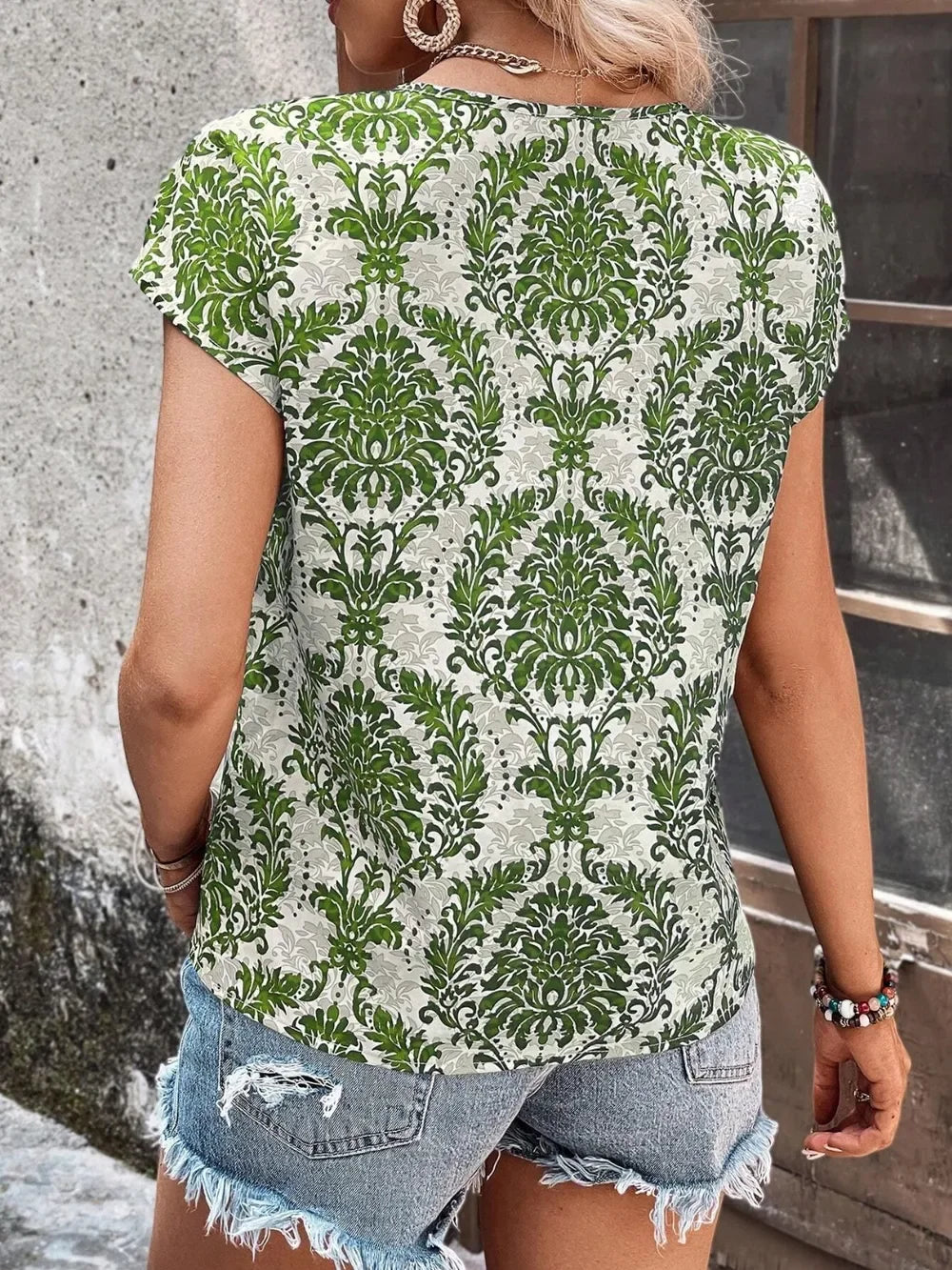 Printed Short Sleeve Polyester Blouse With Elegant Design - Southern Shores Clothing