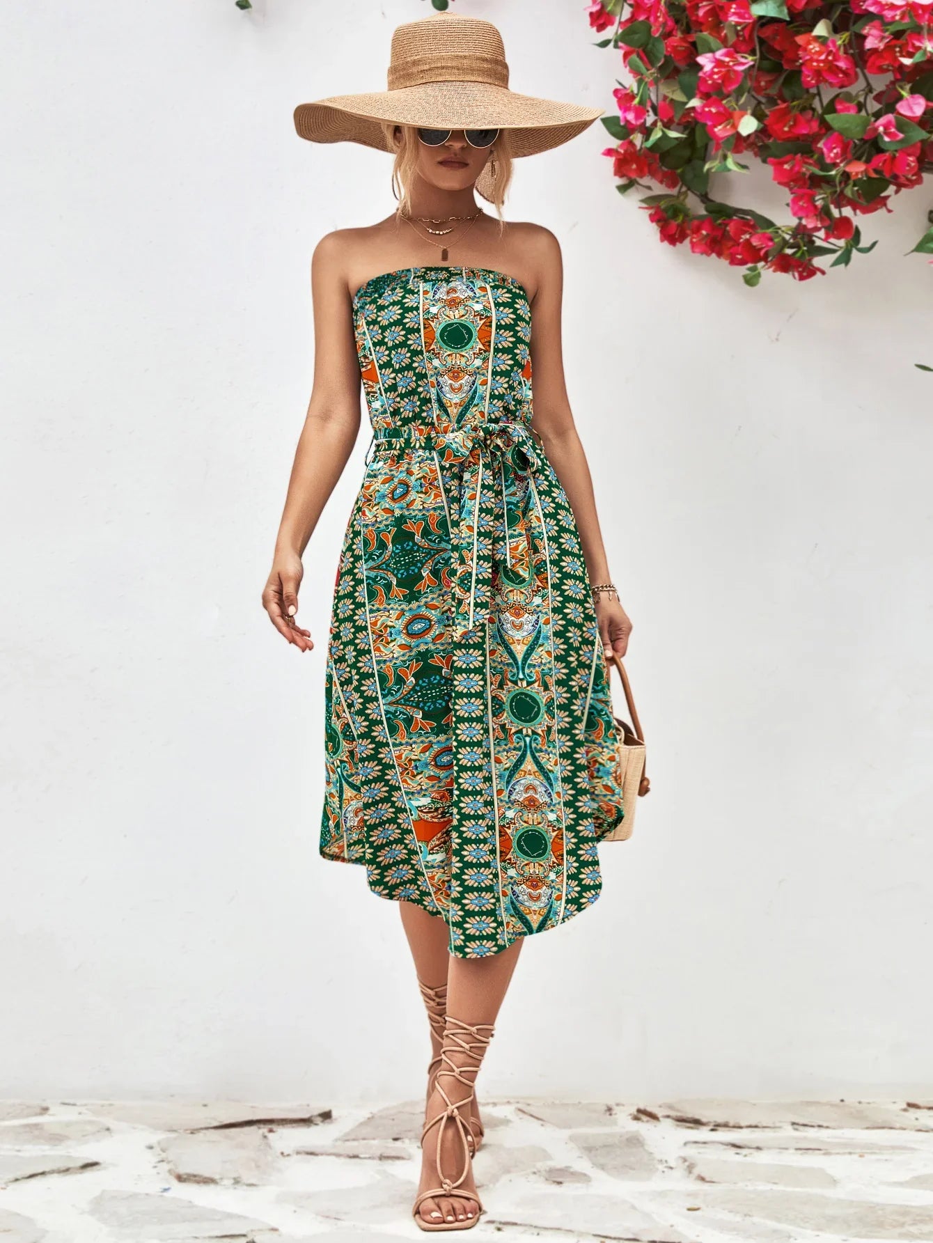Printed Strapless Tie Belt Dress - Southern Shores Clothing