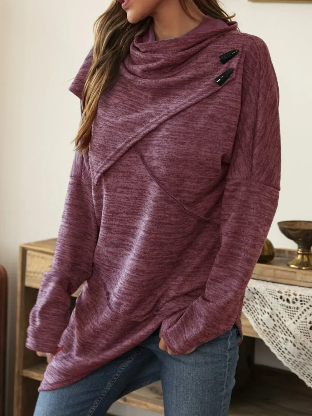 Asymmetrical Hem Cowl Neck Long Sleeve T-Shirt - Southern Shores Clothing