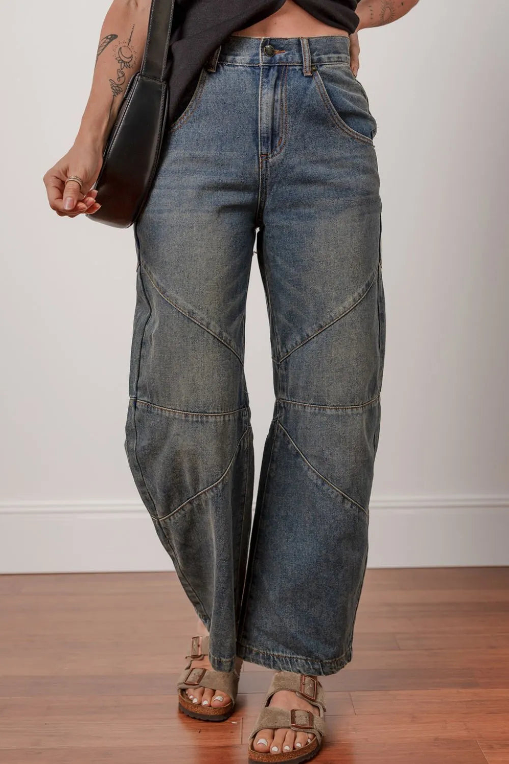 Coastal Exposed Stitching Loose Straight High Waist Jeans