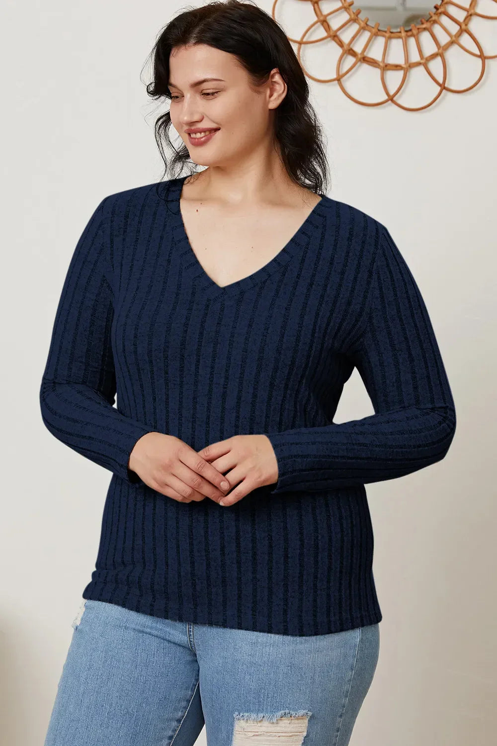 Classic Ribbed V-Neck Long Sleeve Knit Tee Top - Southern Shores Clothing