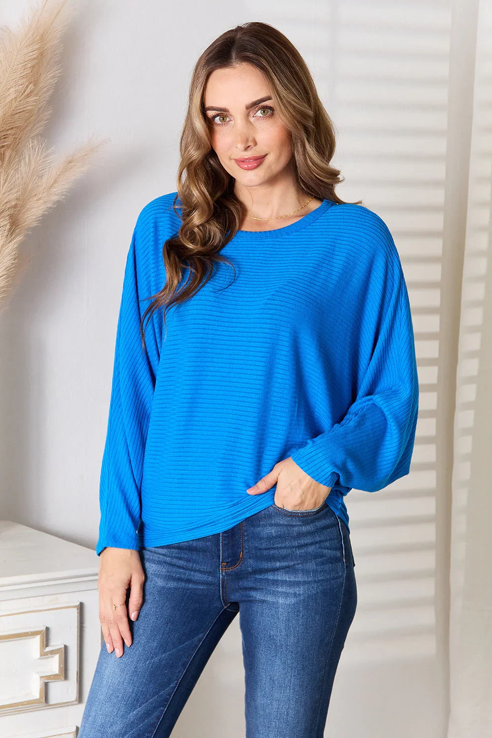 Round Neck Batwing Sleeve Stretch Blouse With Relaxed Fit - Southern Shores Clothing