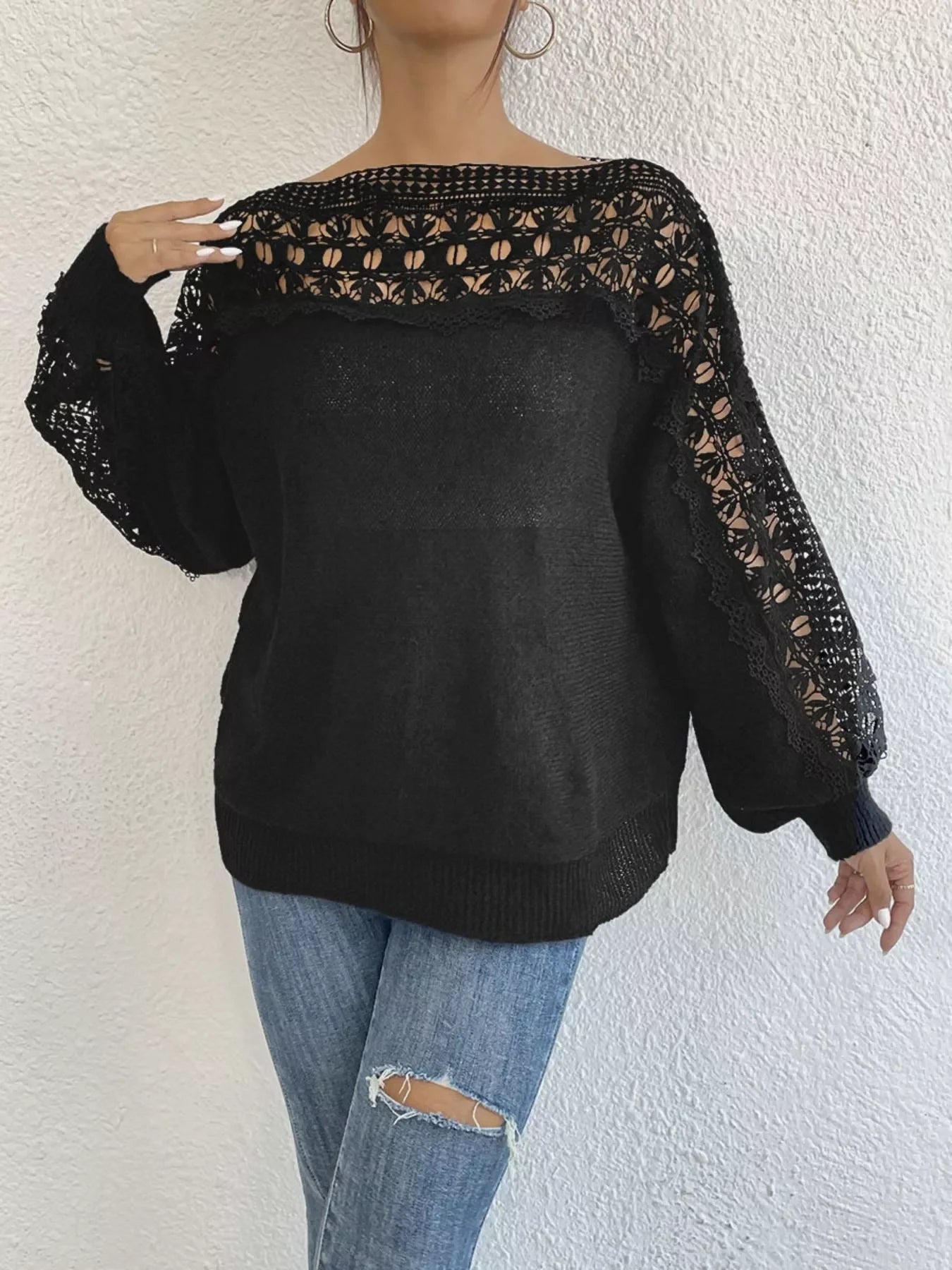 Crochet Lace Yoke Long Sleeve Knit Slim Fit Casual Sweater - Southern Shores Clothing