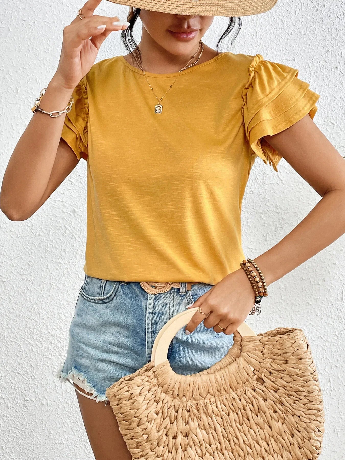Ruffle Sleeve Round Neck Top With Layered Design - Southern Shores Clothing