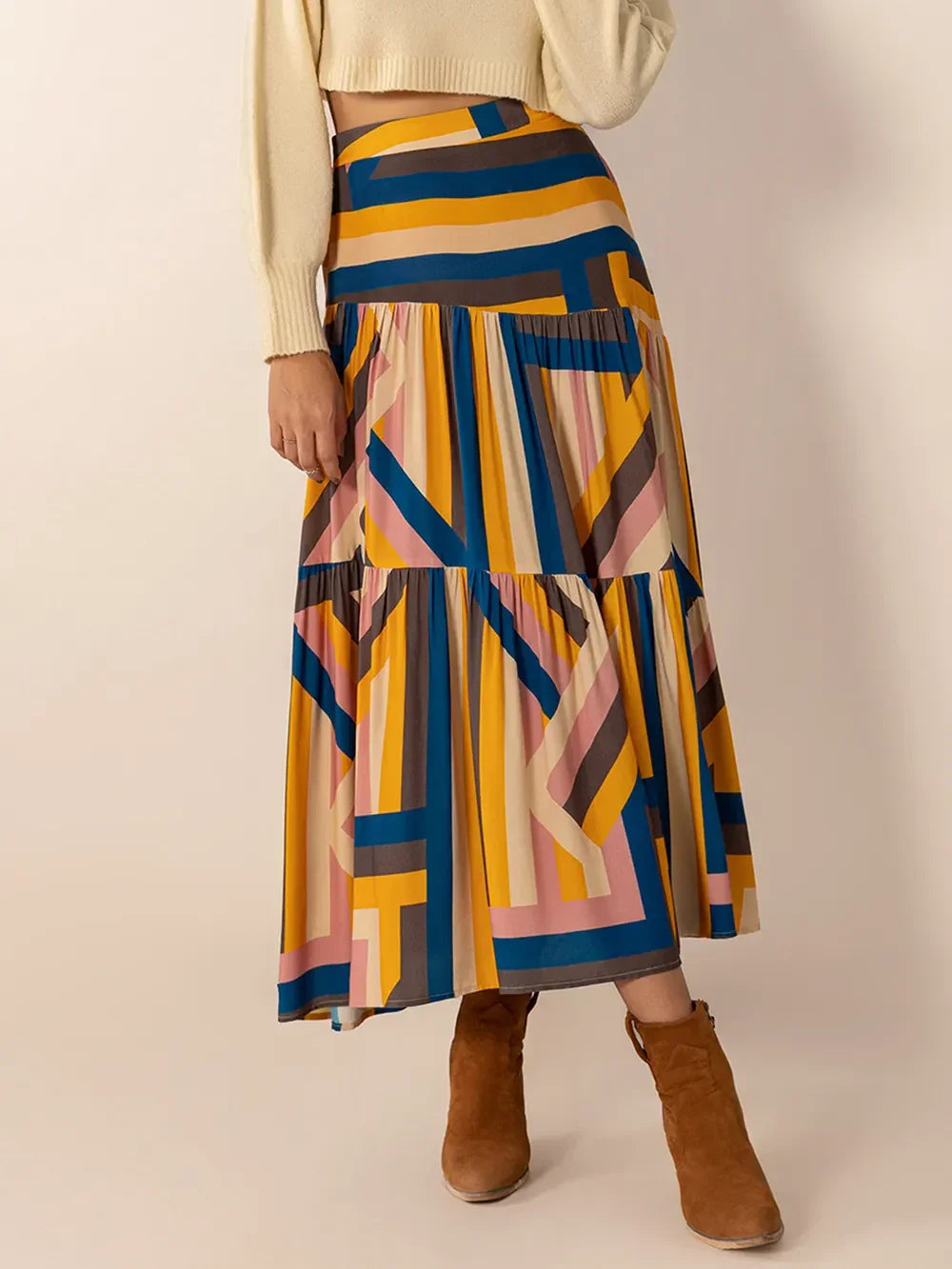 Ruched Elastic Waist Contrast Midi Skirt - Southern Shores Clothing