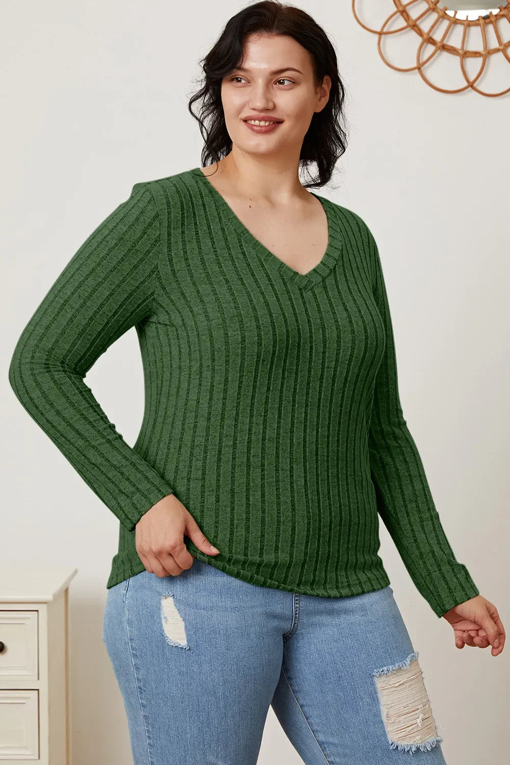 Classic Ribbed V-Neck Long Sleeve Knit Tee Top - Southern Shores Clothing