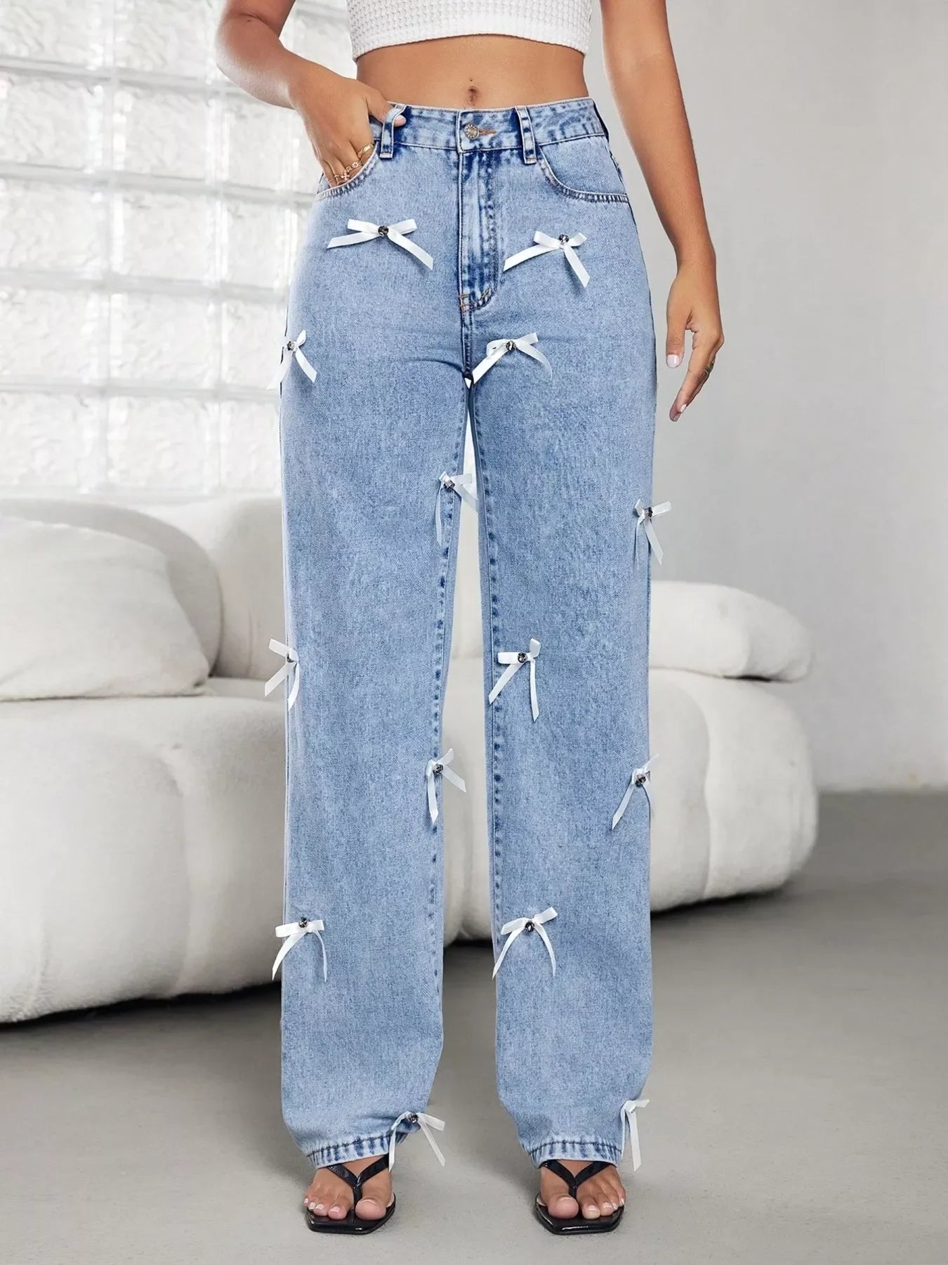 High Waist Wide Leg Denim Jeans With Coastal Bow Decor - Southern Shores Clothing