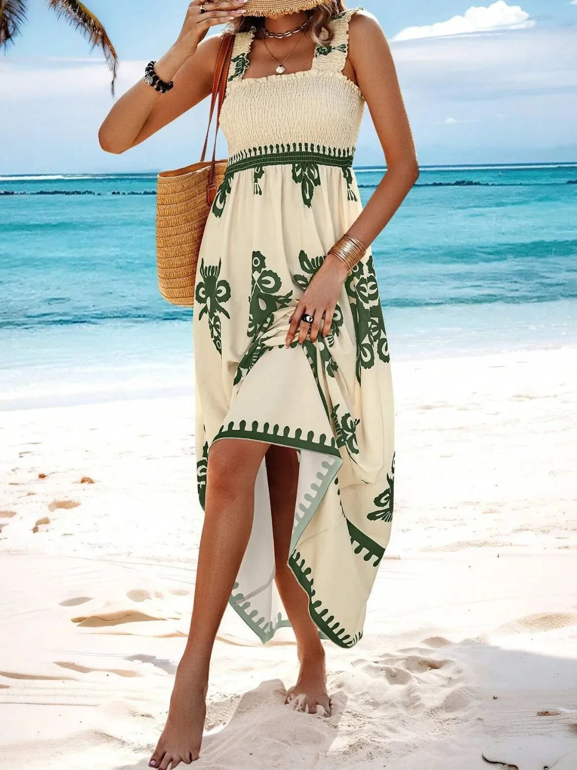Smocked Printed Maxi Dress With Wide Straps Boho Style Details - Southern Shores Clothing
