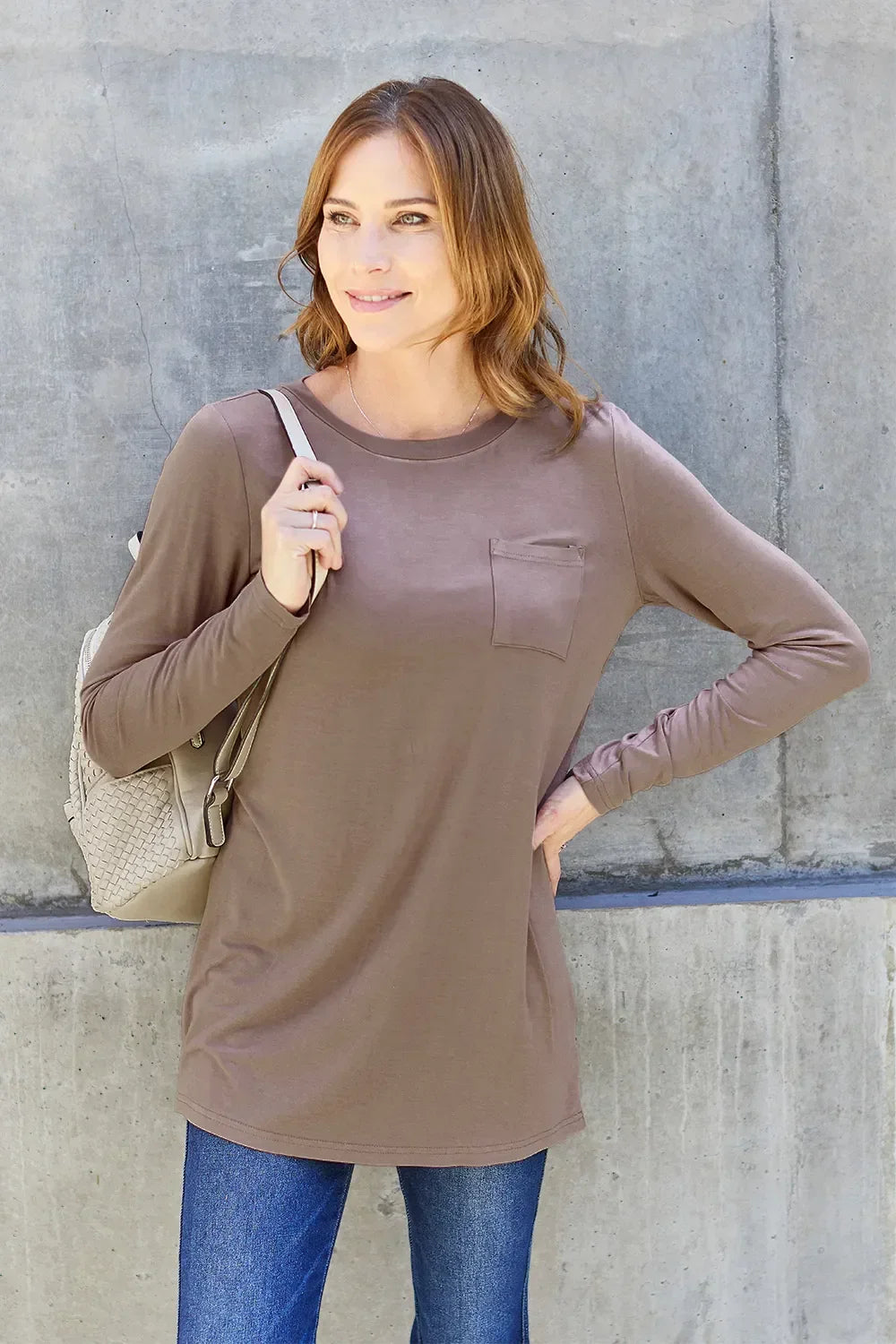 Round Neck Long Sleeve Top With Pockets Classic - Southern Shores Clothing