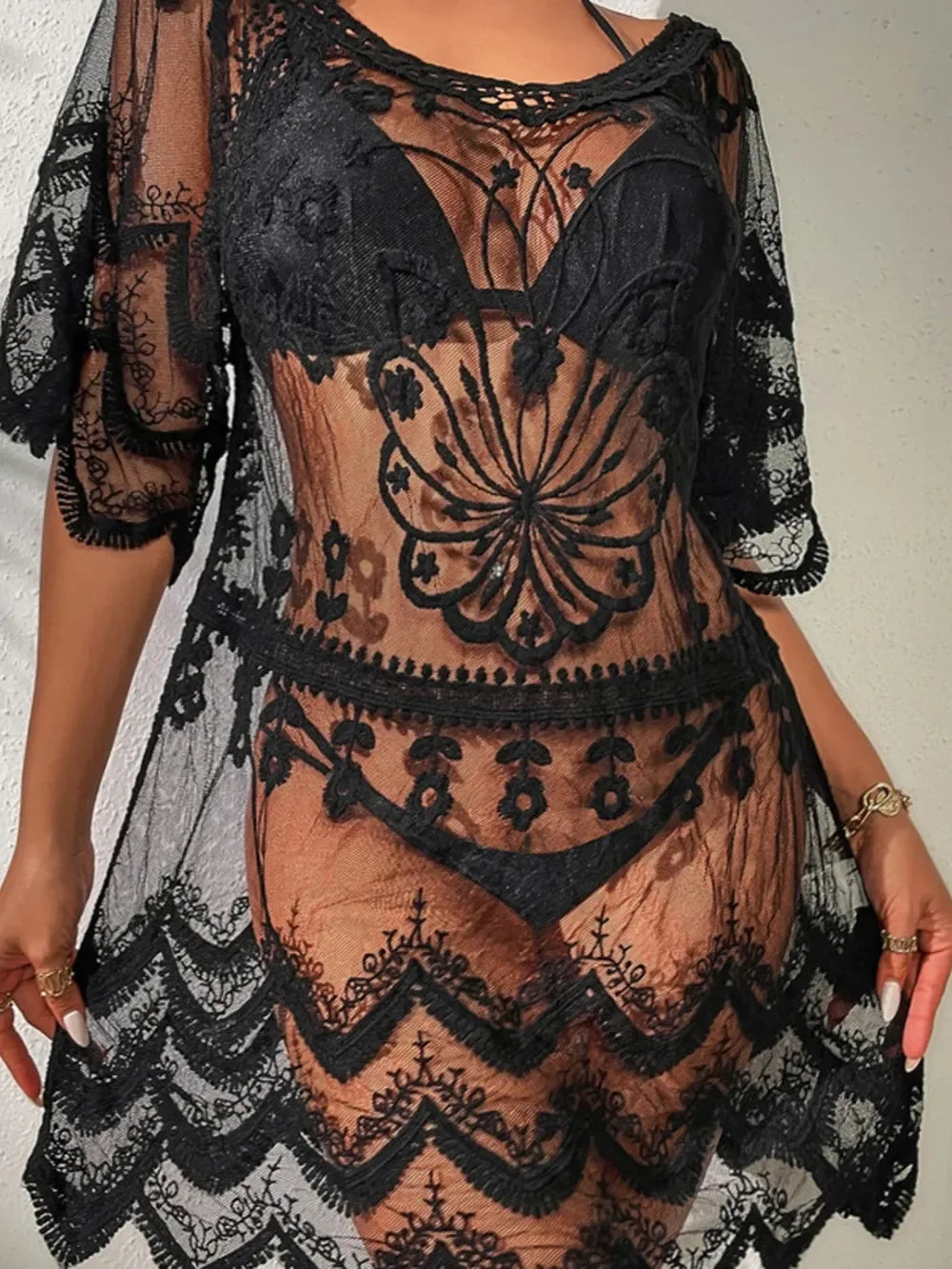 Sheer Lace Round Neck Half Sleeve Cover Up One Size - Southern Shores Clothing