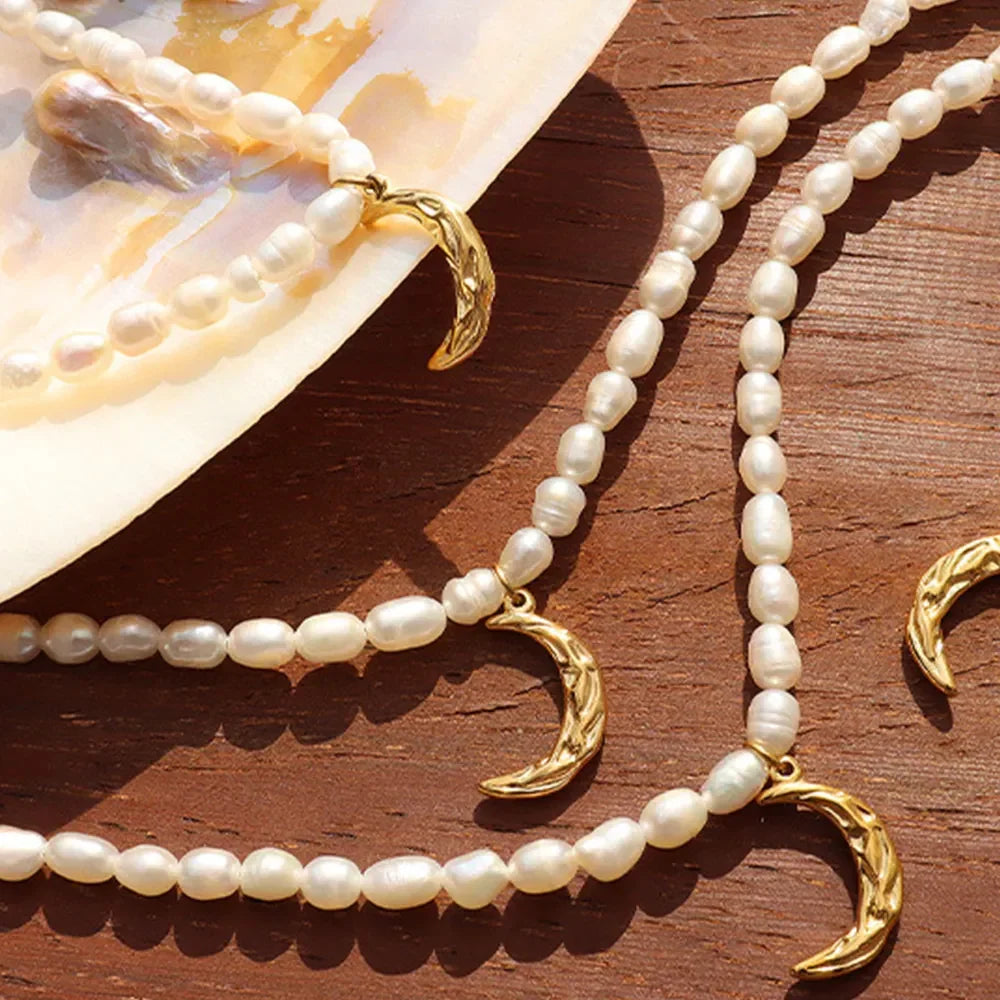 Freshwater Pearl Moon Pendant Necklace Titanium Steel Chain - Southern Shores Clothing