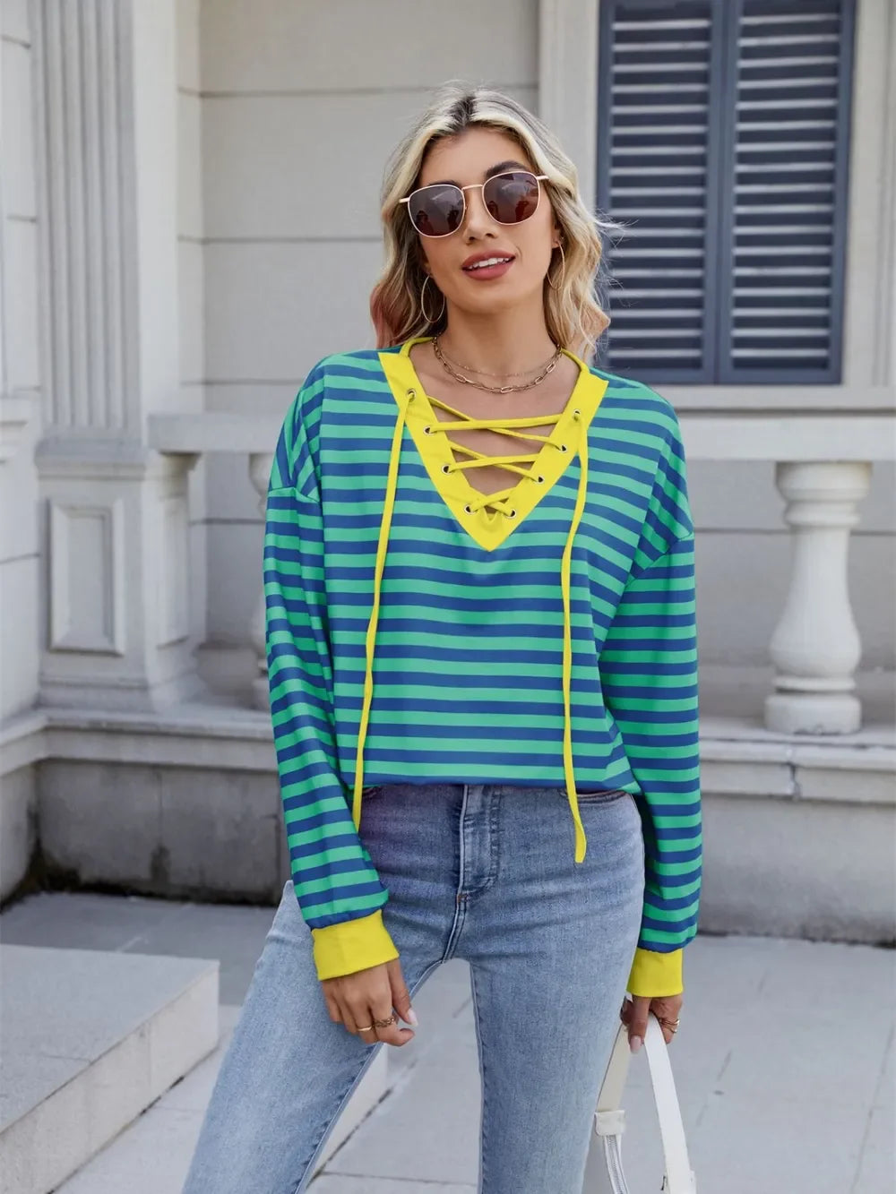 Lace-Up Striped Long Sleeve T-Shirt - Southern Shores Clothing