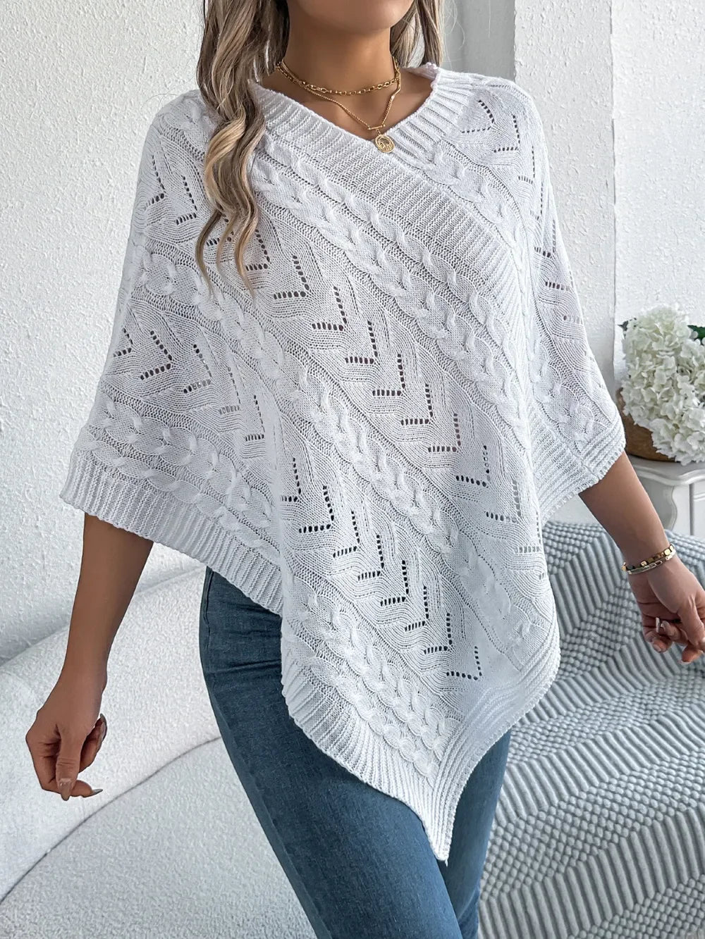 Cable-Knit Openwork Pattern Sweater With Stretch - Southern Shores Clothing