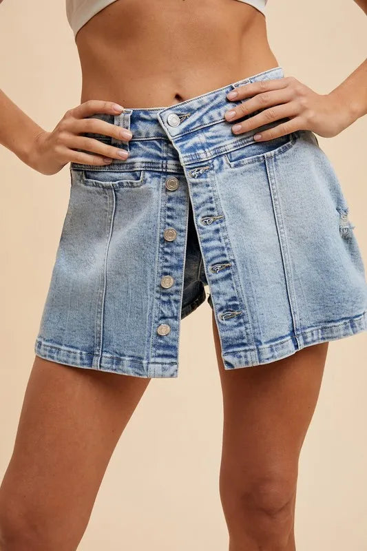 Coastal Annie Wear Button Detail Stretch Denim Wrap Mini Skort