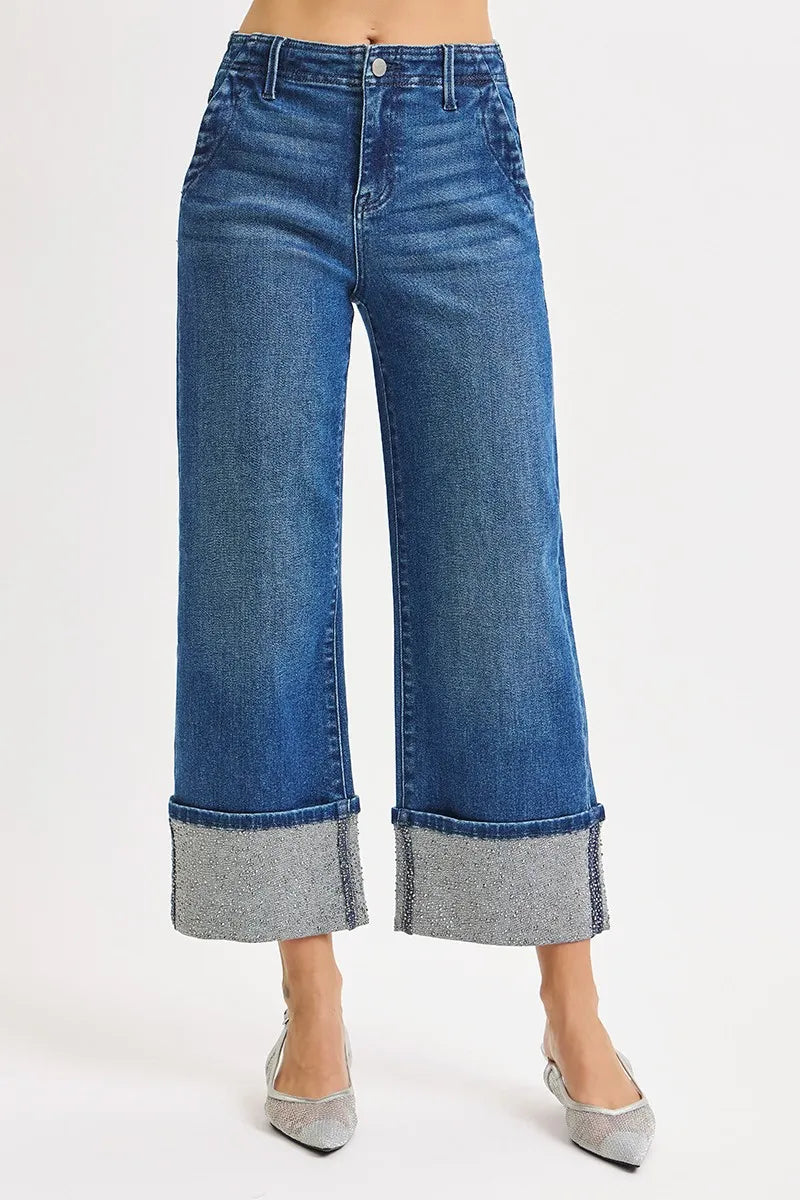 Coastal RISEN High Rise Ankle Wide Rhinestone Cuffed Jeans