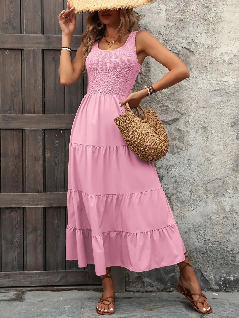 Smocked Scoop Neck Sleeveless Tank Dress - Southern Shores Clothing