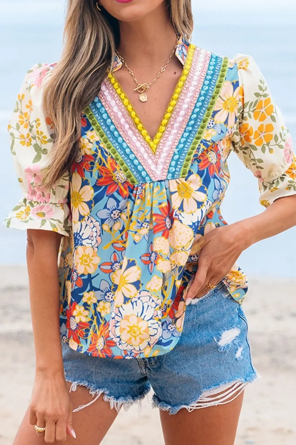 Crochet V Neck Boho Floral Blouse With Half Sleeve Casual - Southern Shores Clothing