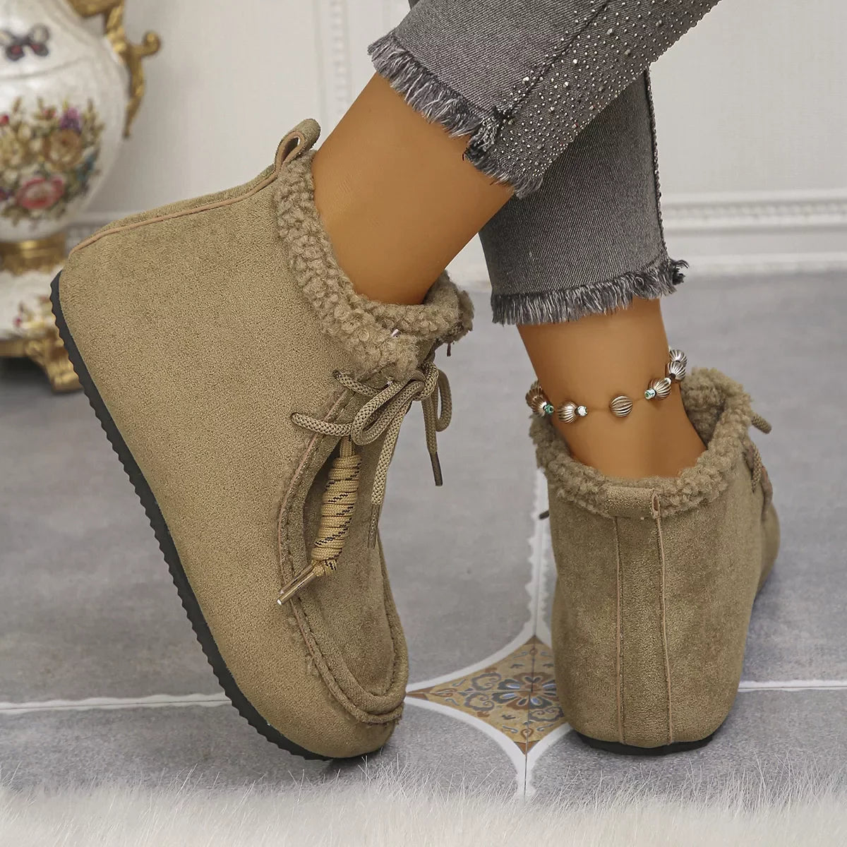 Plush Lined Fluff Suede Ankle Boots With Flat Heel - Southern Shores Clothing