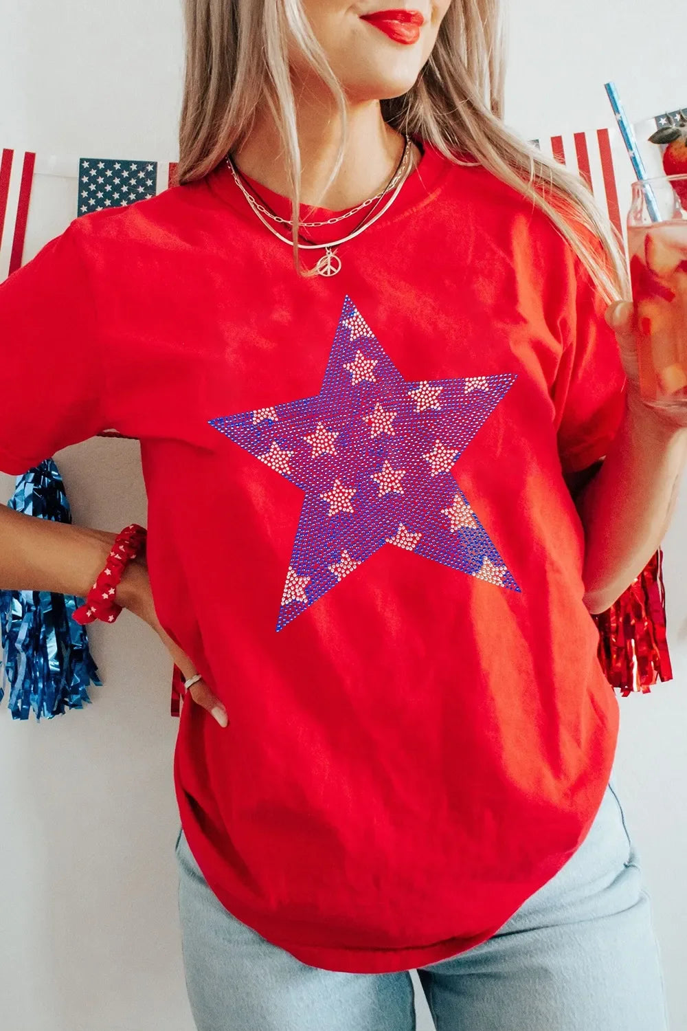 Patriotic Star Round Neck T Shirt With Rhinestones - Southern Shores Clothing