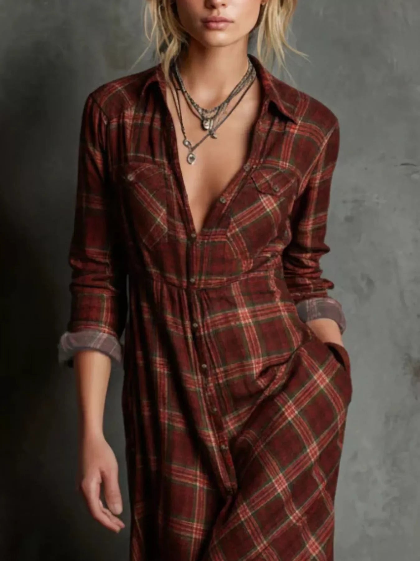 Plaid Button-Down Maxi Dress With Pockets Plus Size - Southern Shores Clothing