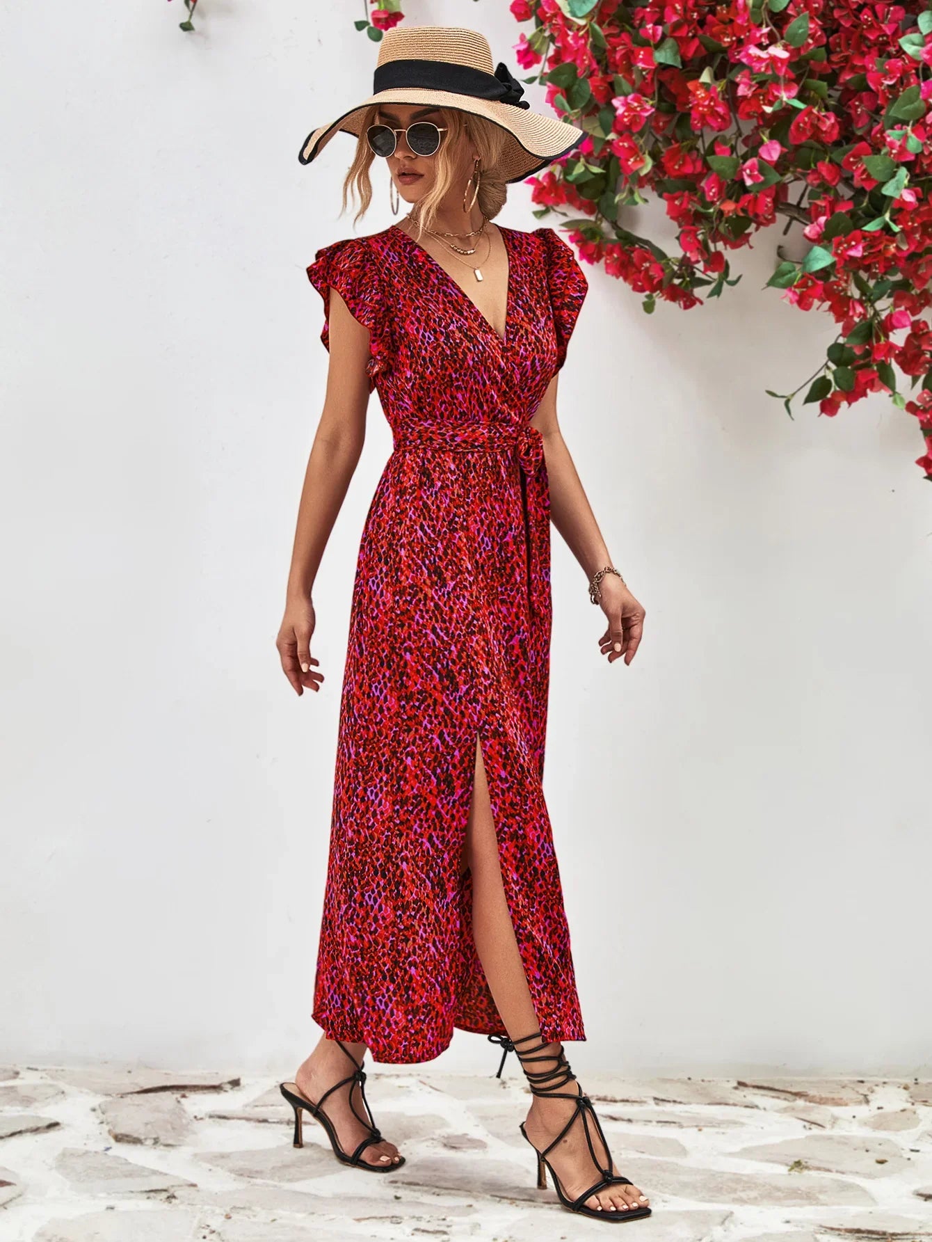 Printed Surplice Neck Flutter Sleeve Slit Dress - Southern Shores Clothing