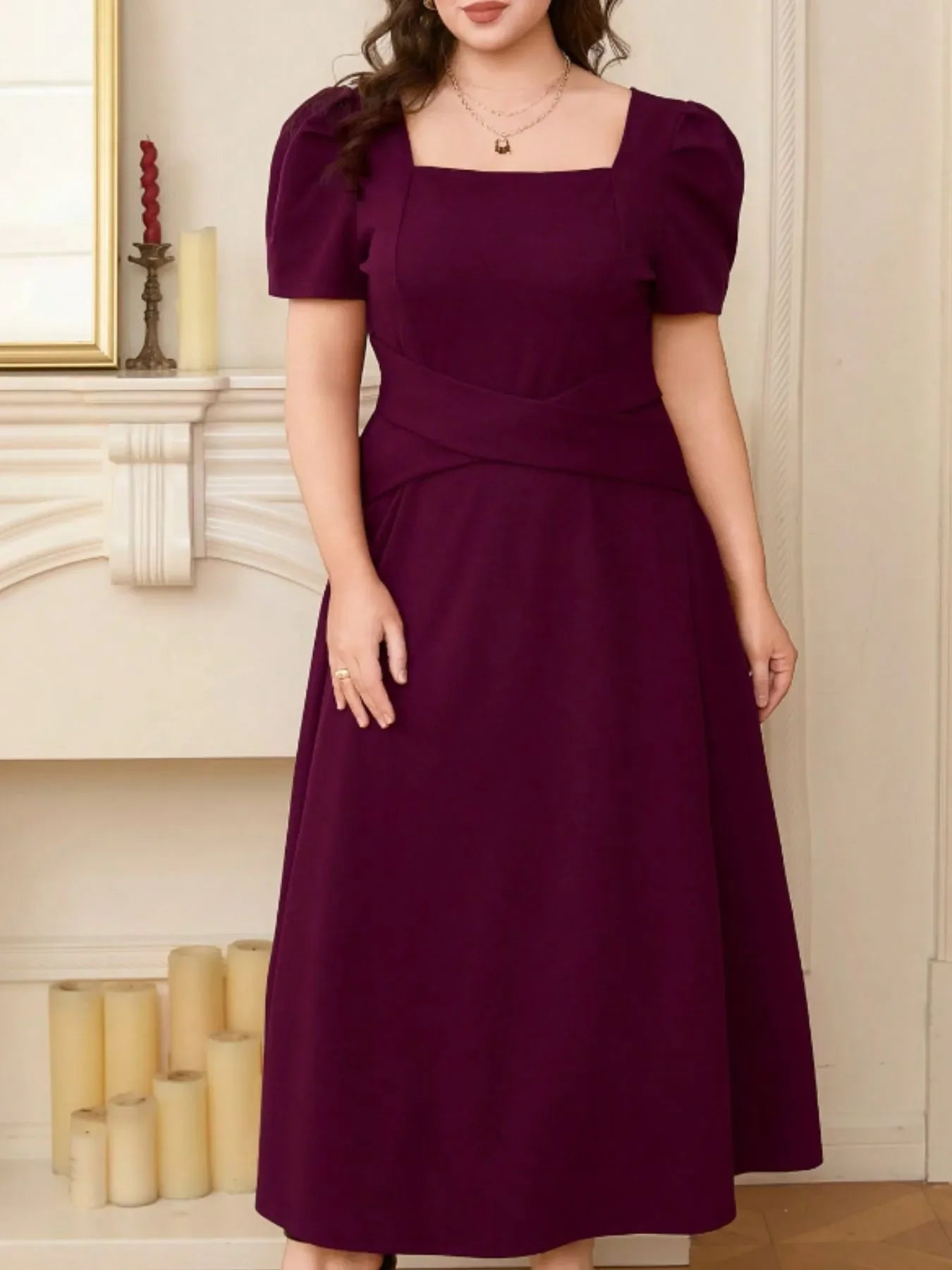 Plus Size Square-Neck Puff-Sleeve Mariner Midi Dress - Southern Shores Clothing